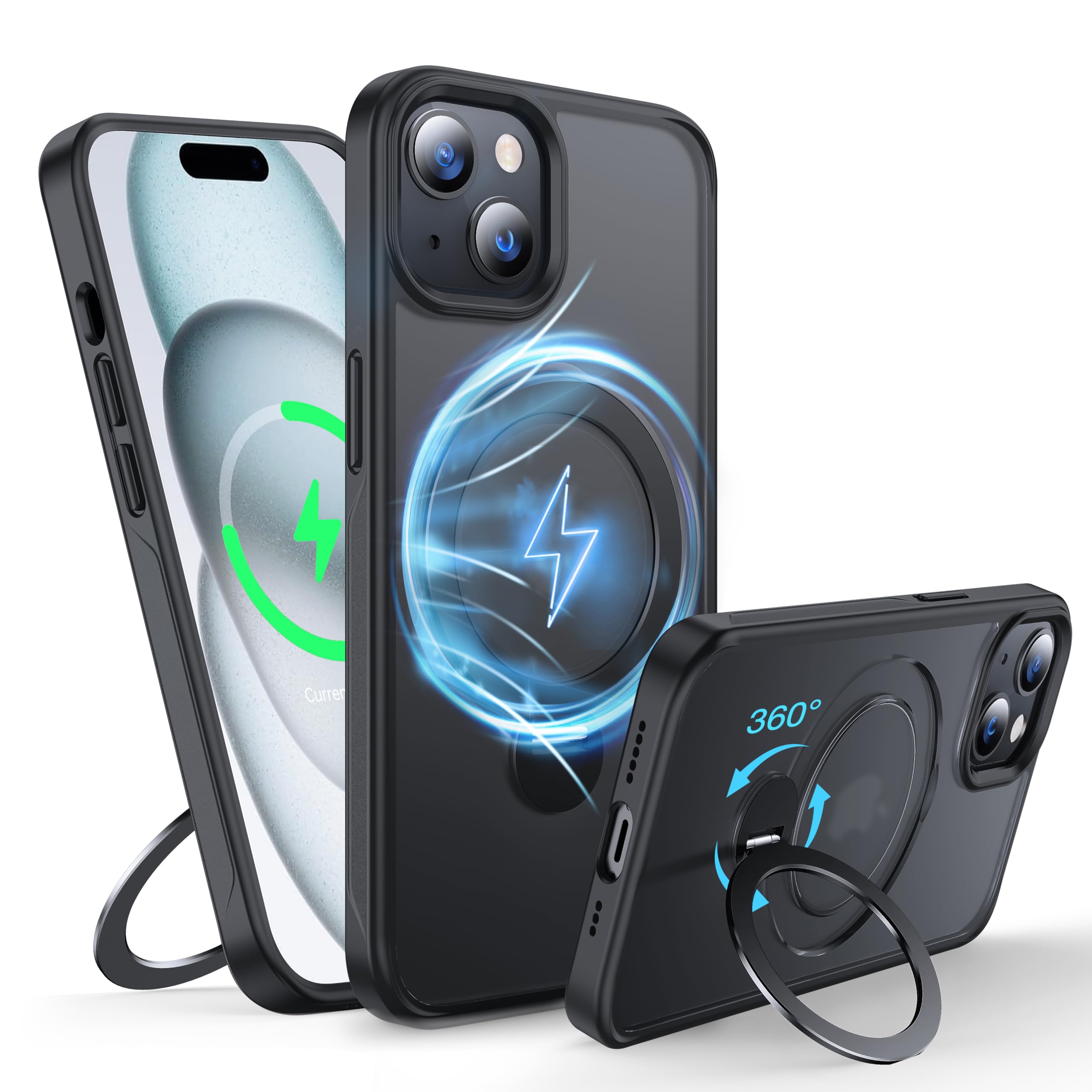 FNDMIL 360°Rotatable Magnetic Ring for iPhone 15 Case Compatible with MagSafe [Non-Slip Texture Edge] [Built-in Kickstand] [Military Shockproof]