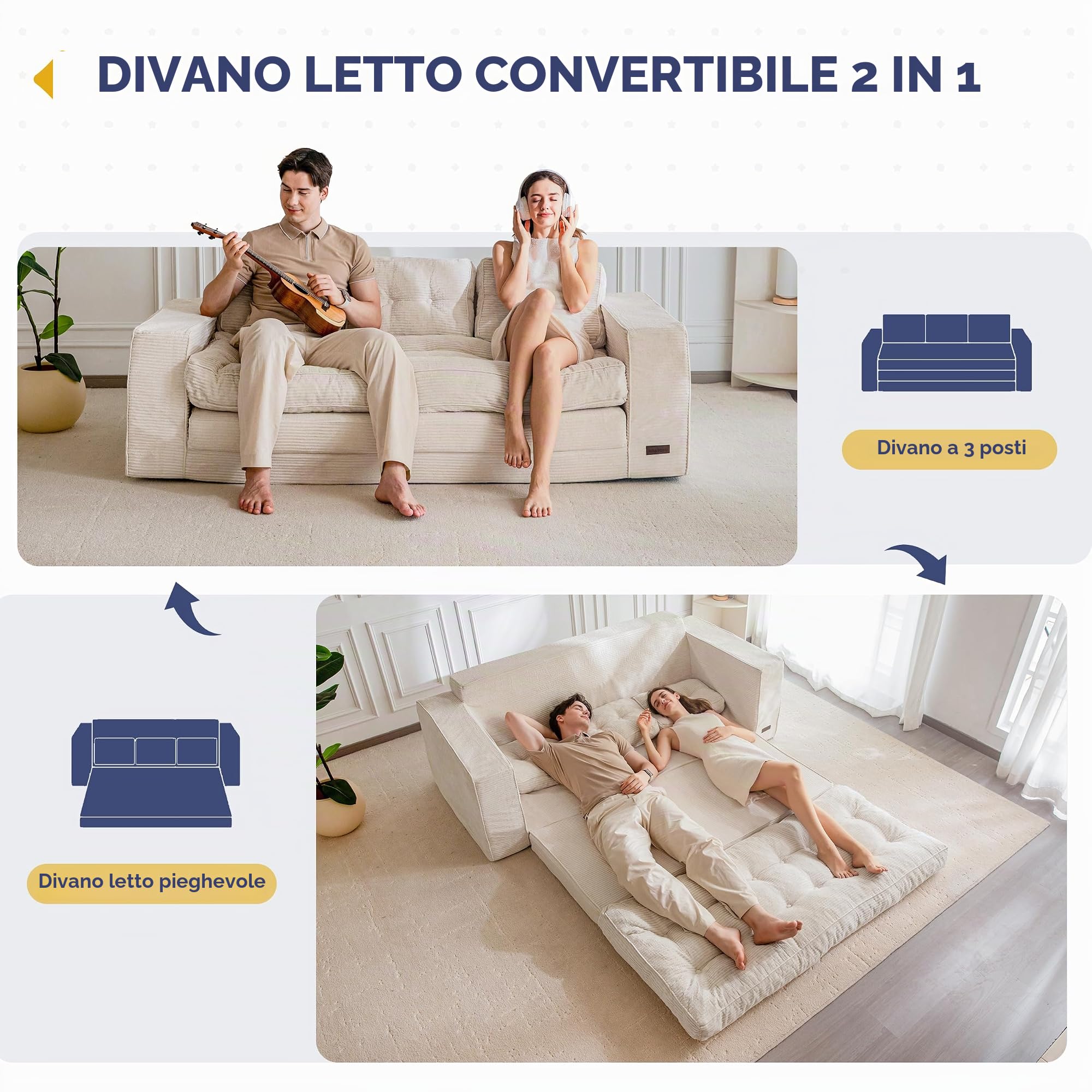 MAXYOYO Divano Letto da Pavimento, Larghezza 190 cm, con Cuscino, Pieghevole 2 in 1, 3 Posti con Funzione di Sonno, Superficie 101 x 196 cm, per Soggiorno, Camera da Letto, Lounge