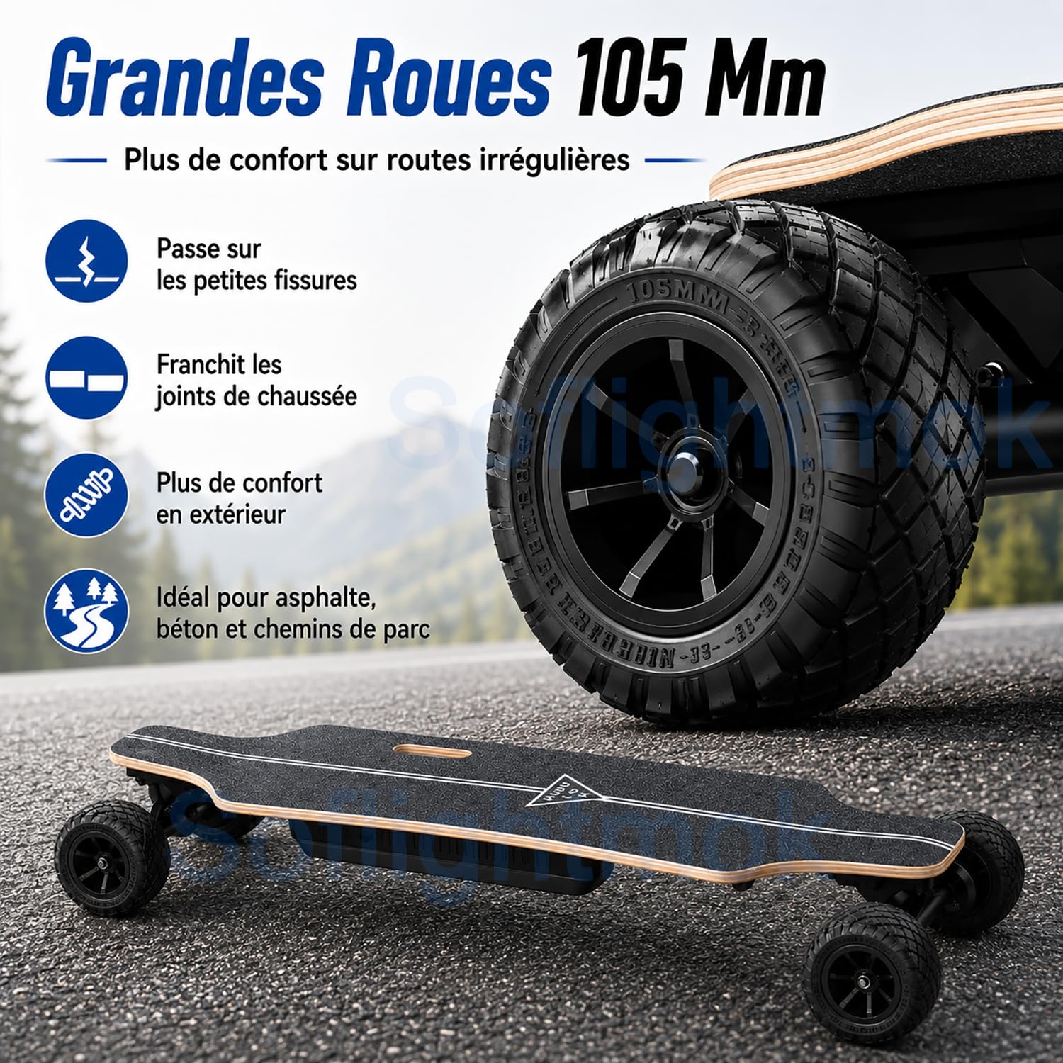 Skateboard Électrique Tout Terrain pour Adultes avec Télécommande LCD, Roues 105mm Grandes pour Campus et Balades Urbaines, Longboard Électrique Portable et Confortable, Double Moteur Stabilité