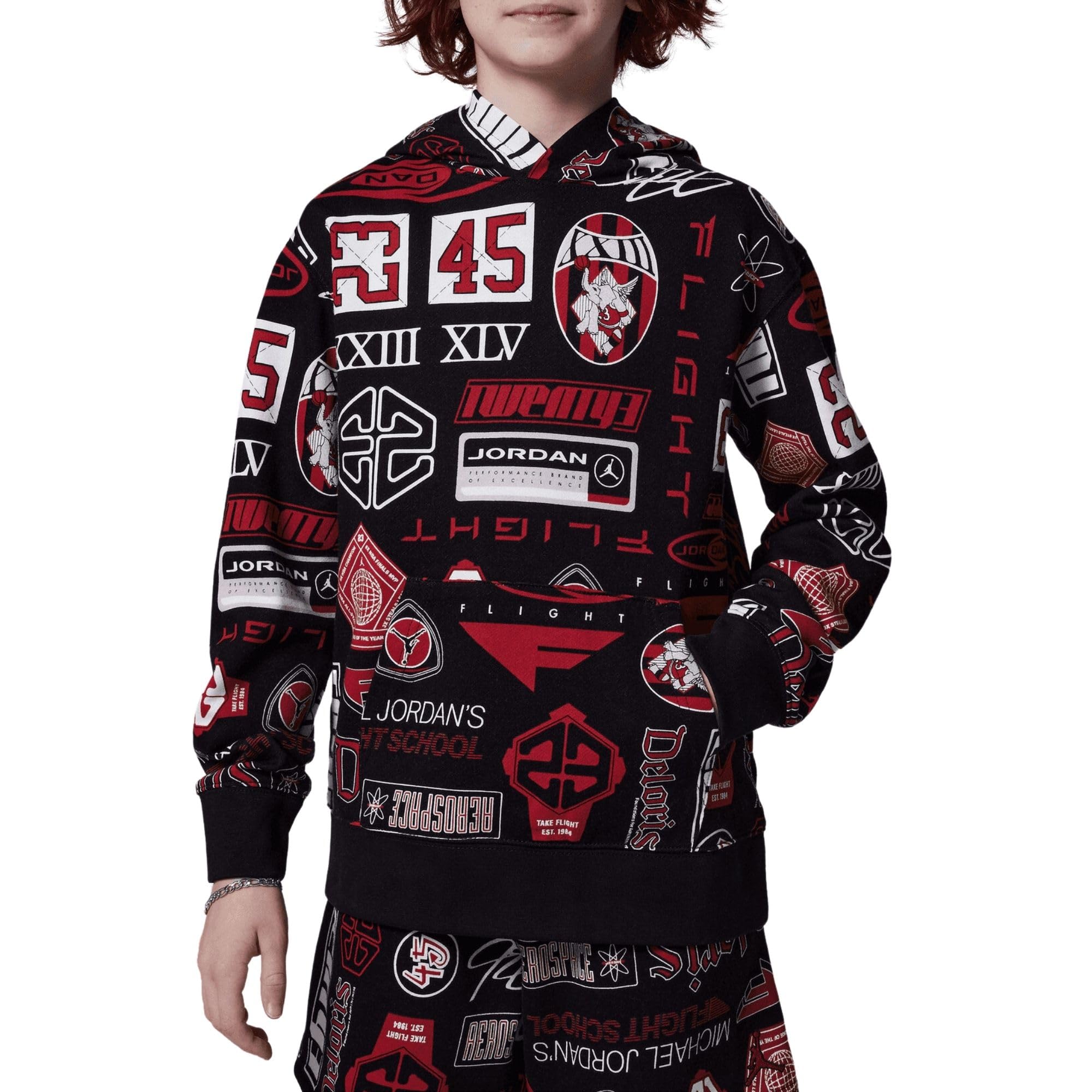 Nike Jordan Felpa da Ragazzi con Cappuccio MJ Essentials all Over Printed Nera Codice 95D741-023
