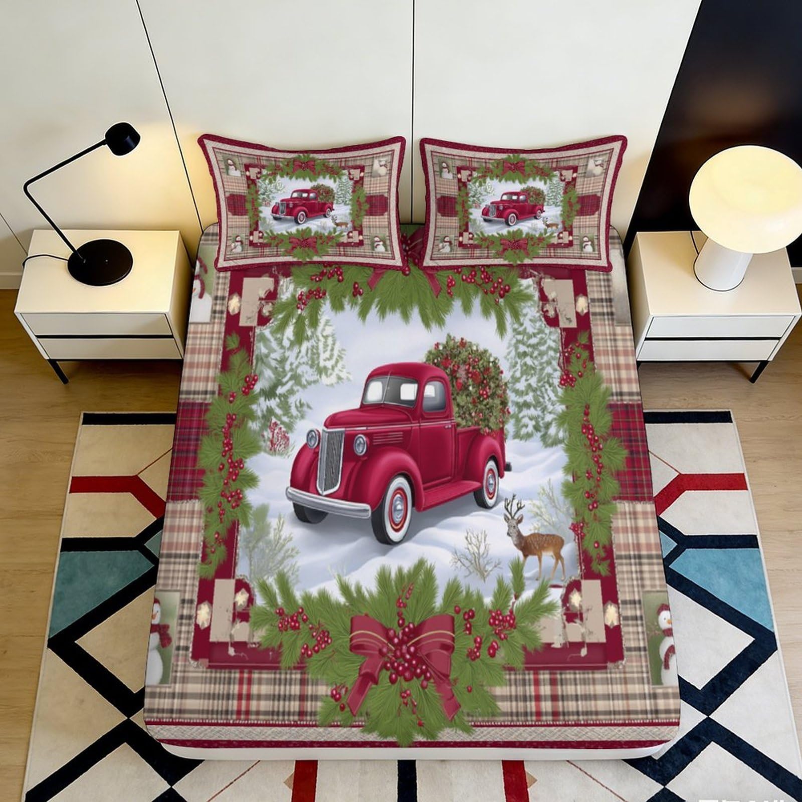 Jqzkxnhpbr Style-3 3D Printed Christmas Red Truck Fitted Sheet Microfiber Plaid Pine Bed Cover For Bedroom Guest Room Decor 90X200x25cm