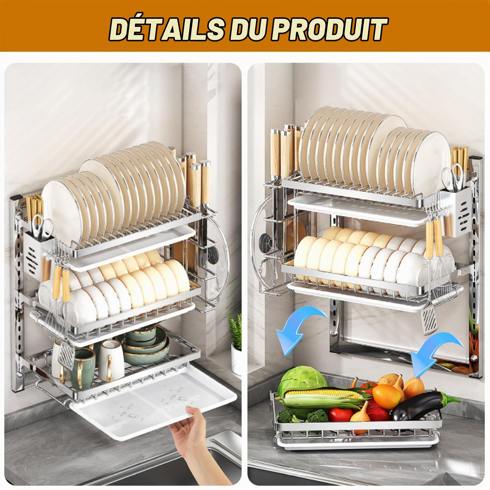 Plat de séchage à Vaisselle, Mur Mural 3 Niveaux d'espace de séchage à Plats Suspendus réglables avec Drainage, Crochets ＆ Support de cultterie sans Forage
