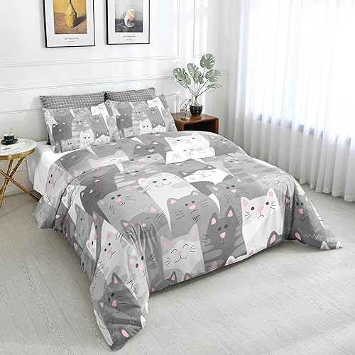 Miniatura 1 de SW SETWIER Juego de ropa de cama Kawaii con diseño de gatos, tamaño Queen, color gris, funda de edredón de animales lindos con dibujos animados de