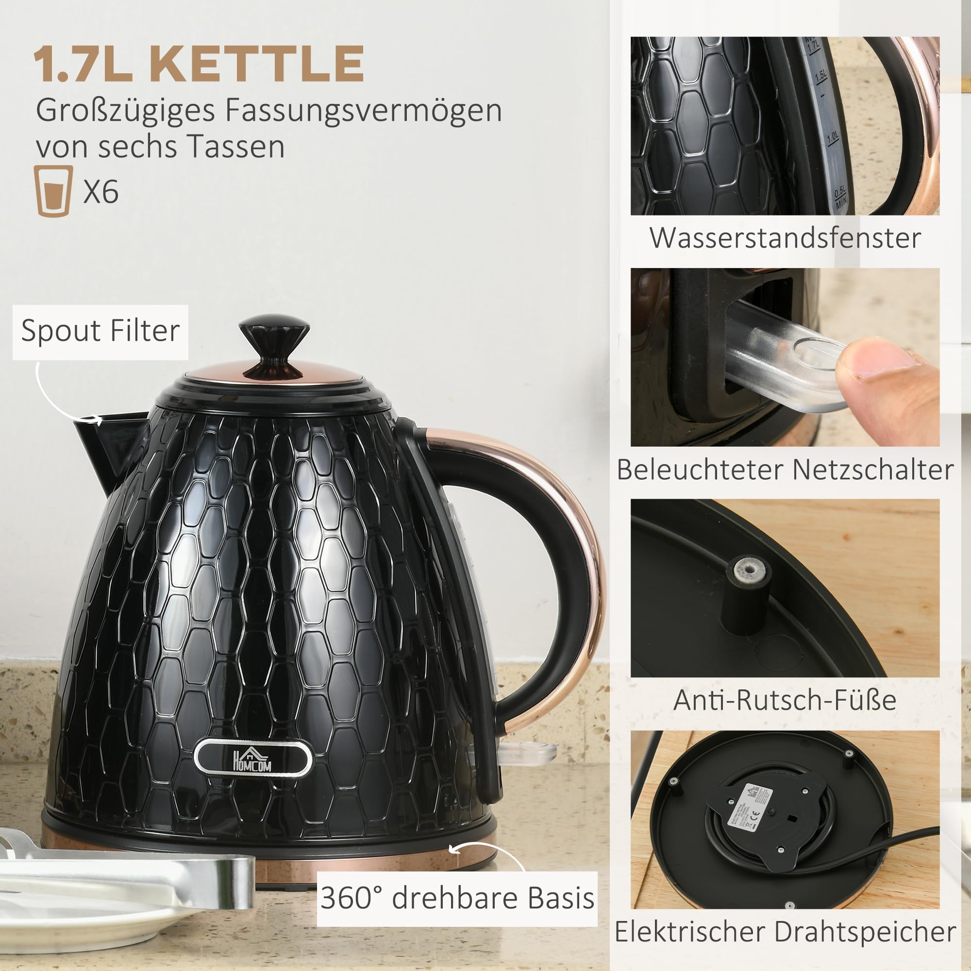 HOMCOM Wasserkocher Toaster Set 1,7L 4 Toastscheiben Frühstücksset Schwarz