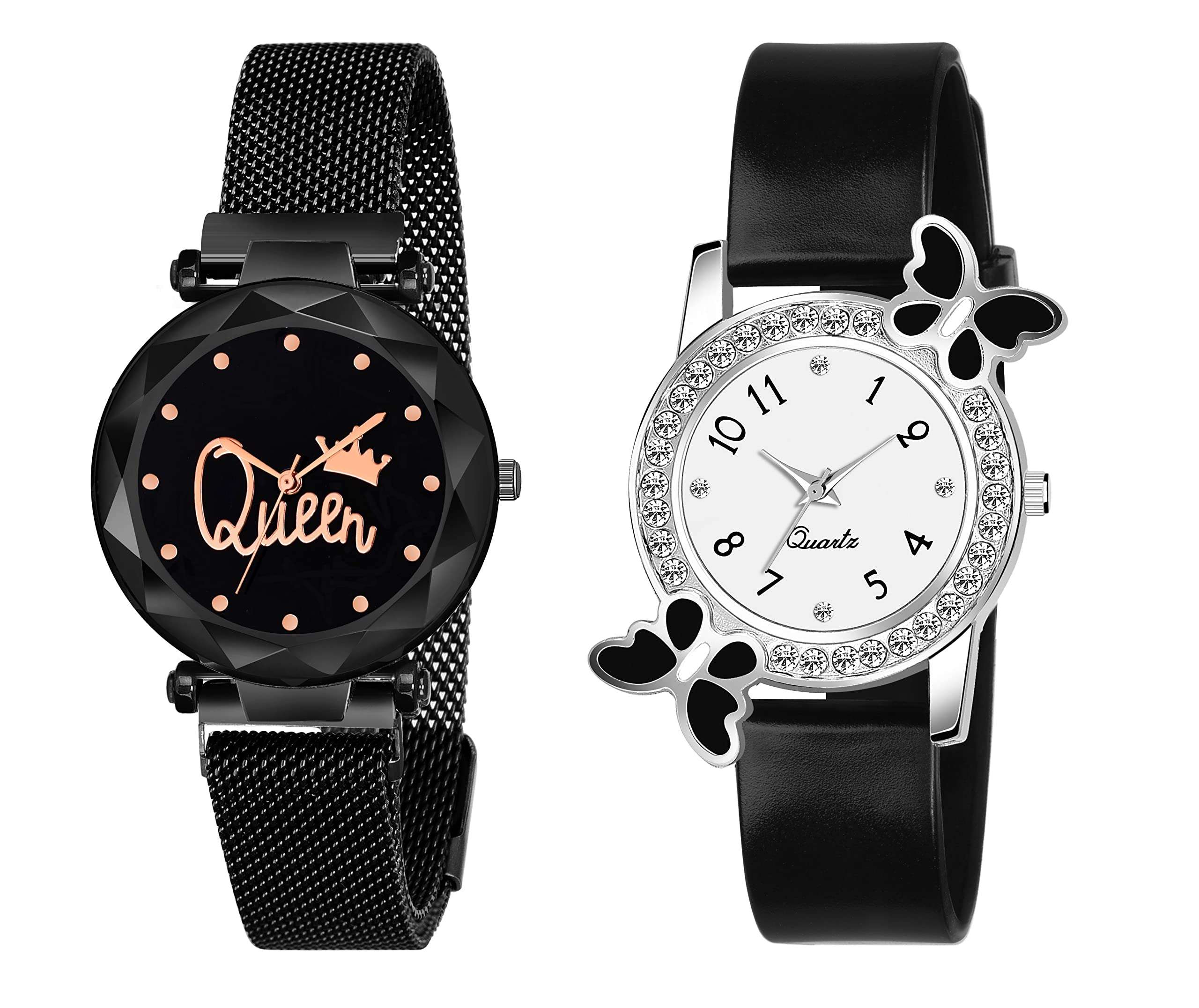 KIARVI GALLERY Analogue Pack of 2 Queen Magnetic and Butterfly PU Strap Womens and Girls Watch (Black) (B0B3TZP9L3) Amazon Price History, Amazon Price Tracker
