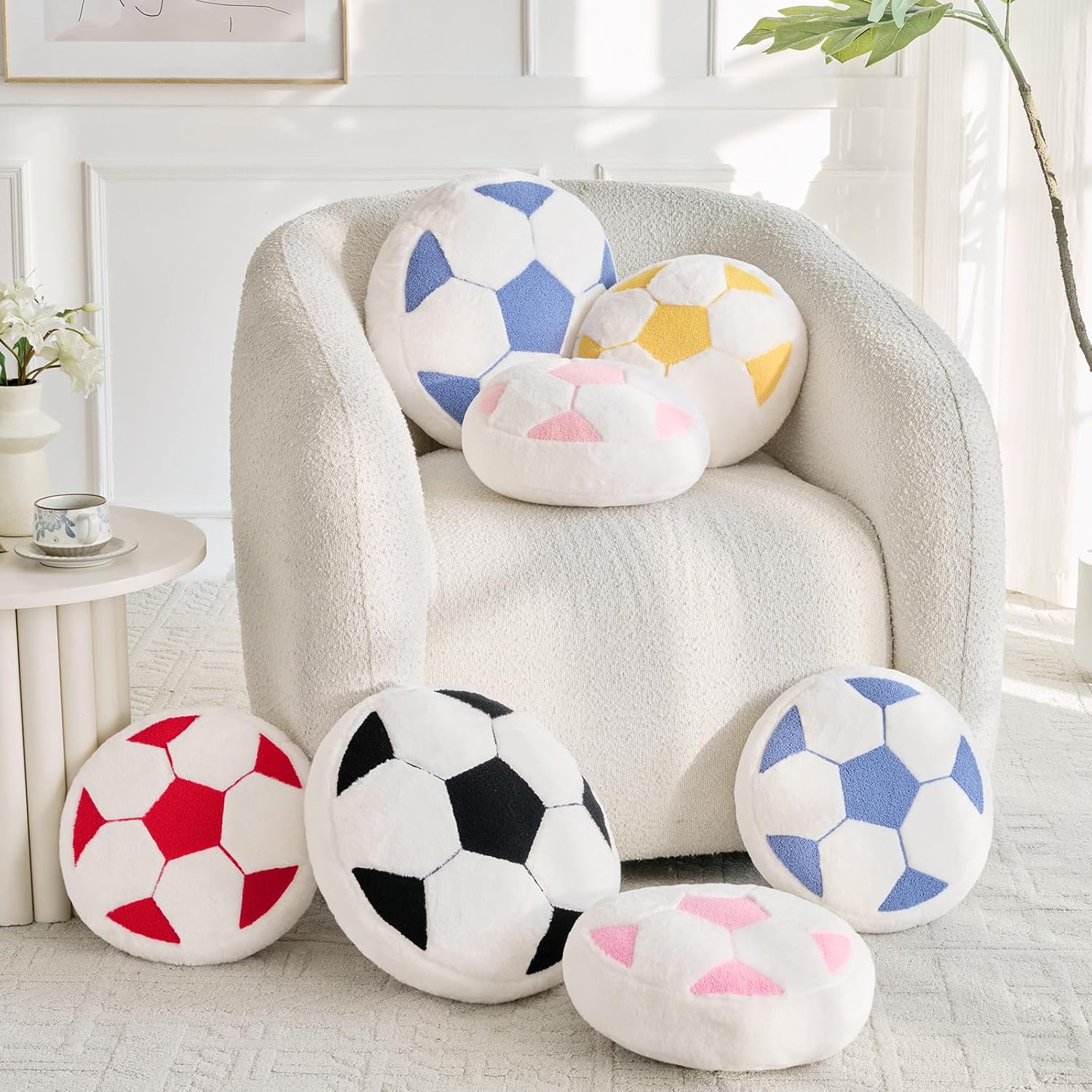 Soccer Pillow,15" Soccer Shaped Pillow Floor Cushion Seating Cushion with Faux Rabbit Fur,Round Soccer Throw Pillow Room Décor for Sofa Couch Living Room (Pink)
