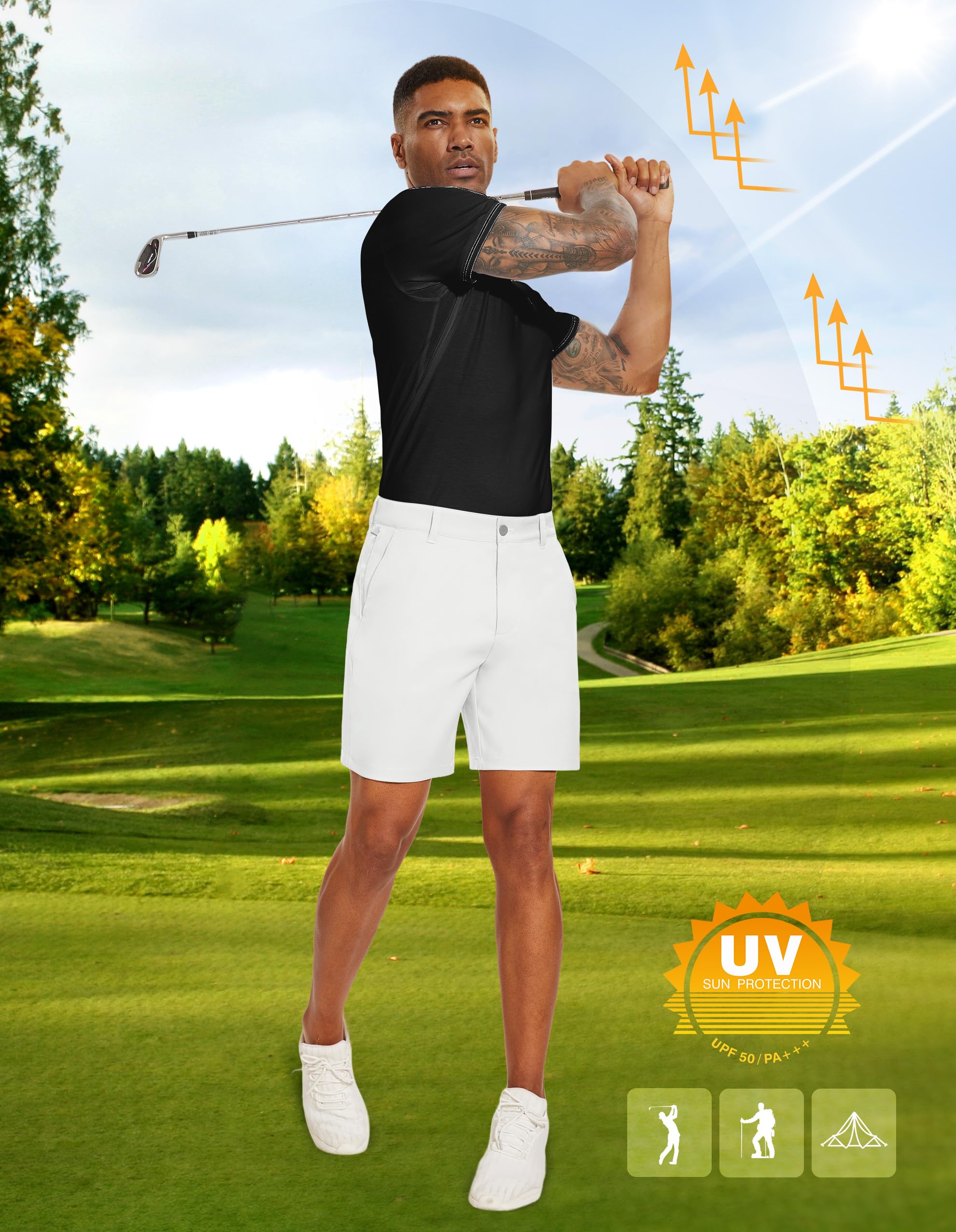PULI Pantalones cortos de golf para hombre, parte delantera plana, híbridos, 7 pulgadas, ligeros, de secado rápido, estilo chino casual, con bolsillos