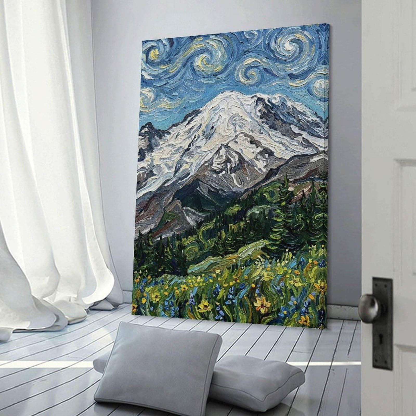 Junmoney Mount Rainier Impressionist Landscape Painting Canvas Wall Decor 24x36inch(60x90cm), for Lounge, Study, Hallway Or Flat Walls, Canvas Wall Art That Fits Changing Layouts