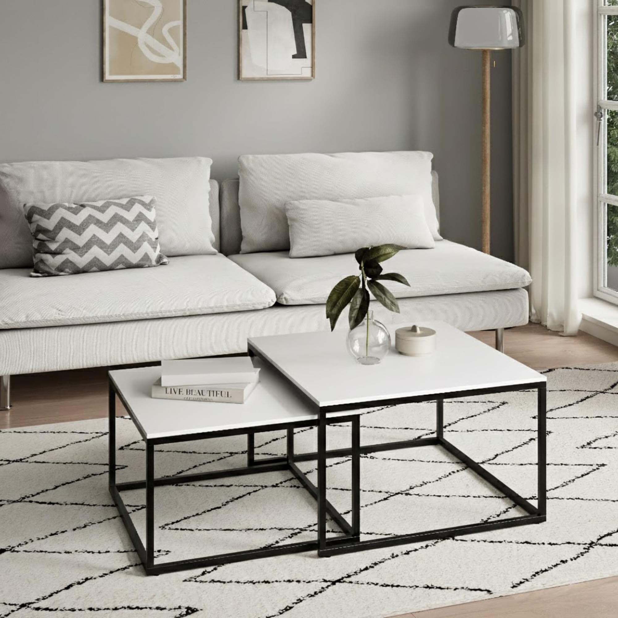 Home Collective Set di 2 tavolini quadrati in legno, tavolino da salotto moderno, set di tavolini 2 in 1 con struttura in metallo per soggiorno ufficio tavolino loft design TWIN | bianco