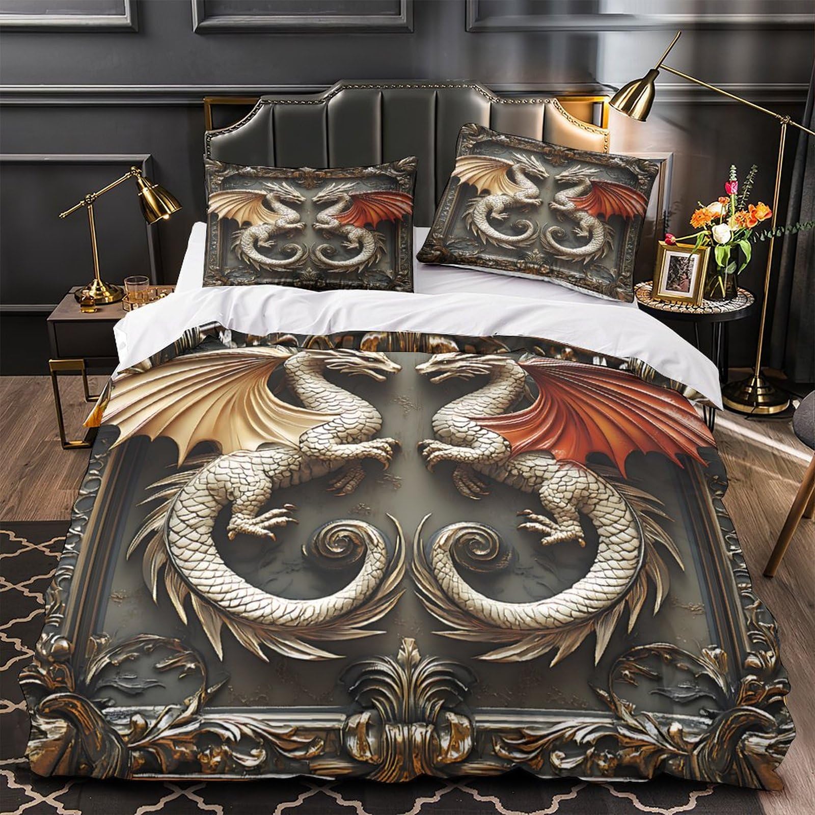 Housse de couette dragon confortable avec fermeture éclair pour lit simple