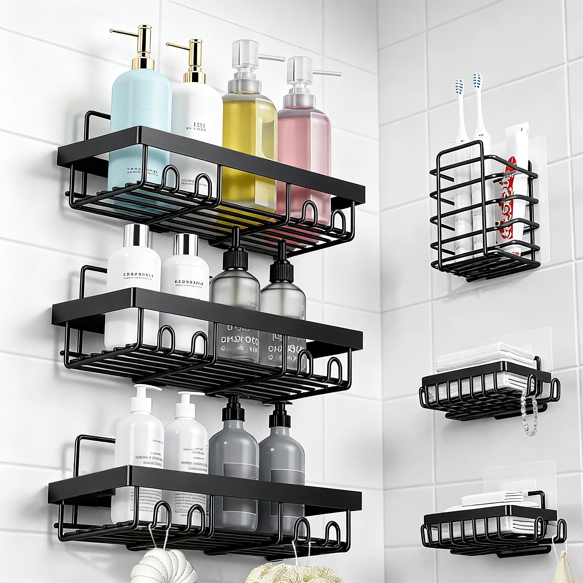 MIKEE Adhesive Shower Caddy Rustproof Shower Organizer with Soap Holder 6 Pack Large Capacity Shower Shelves for Inside