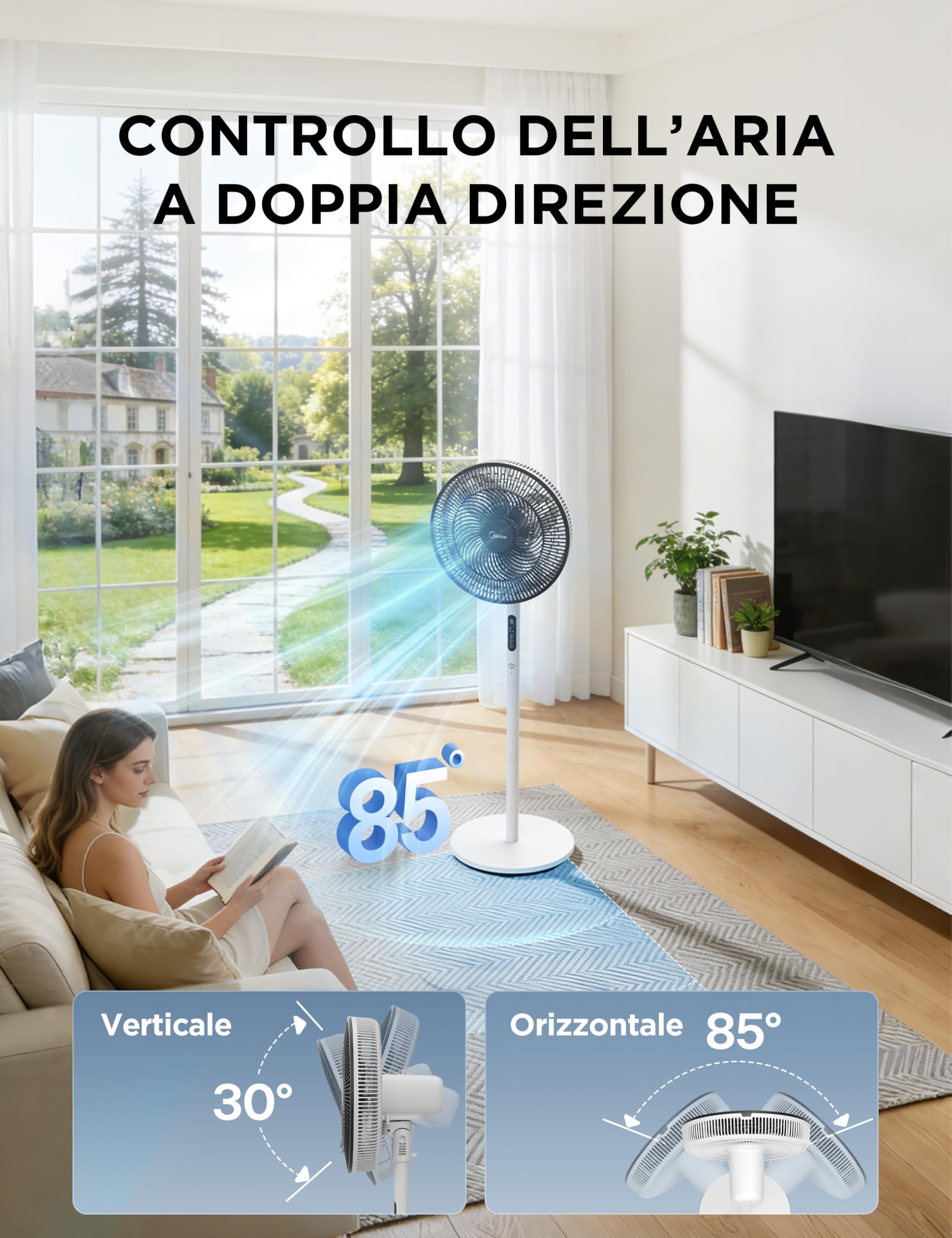Midea Leiser Standventilator FS35-26XRDSE(BW) DC-Motor, 8 Flügel, 9 Geschwindigkeitsstufen, Oszillation 85°, Timer 9 Stunden, Höhe verstellbar