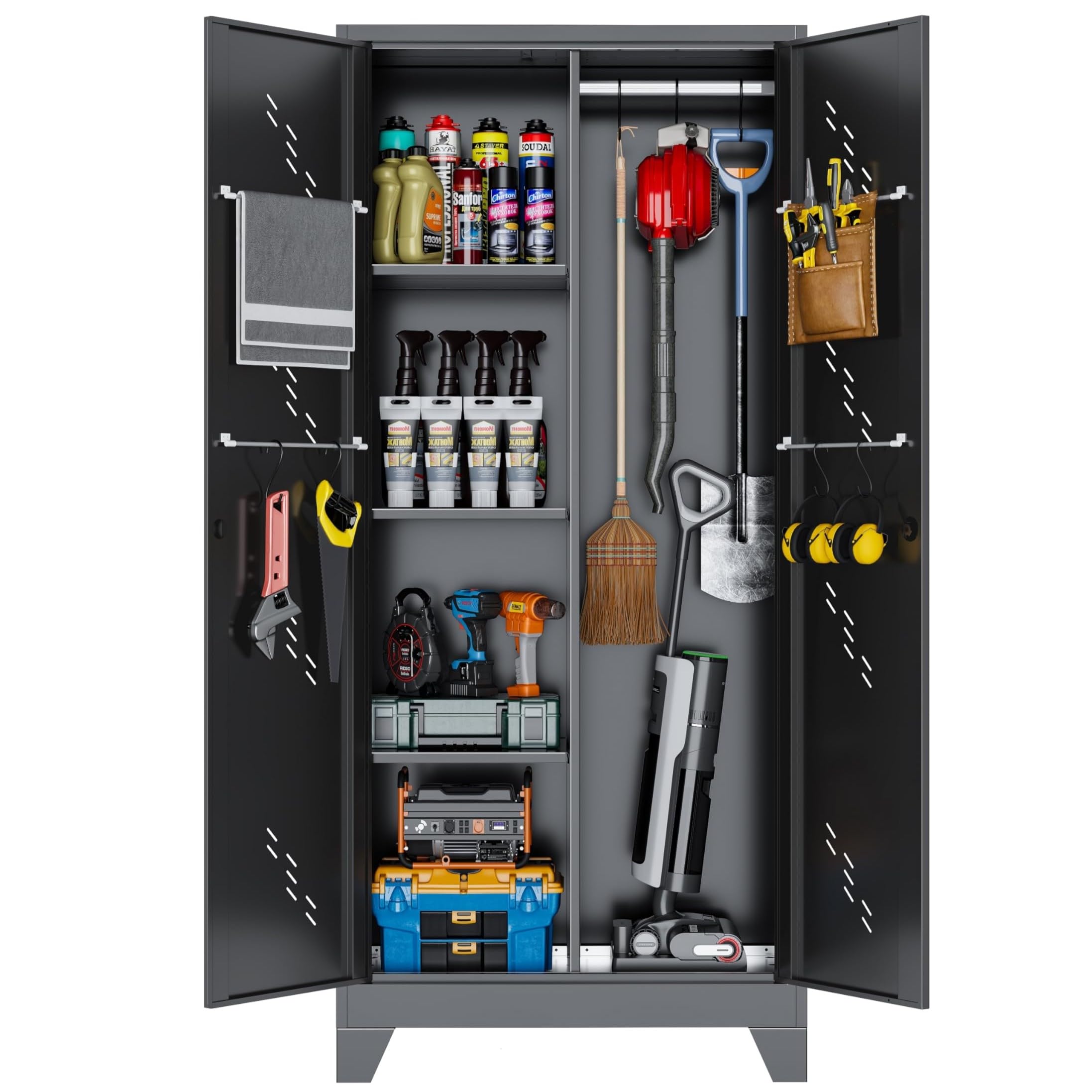 VASAAOSD Metal Garage Storage Cabinet with Locking Doors, 71" Tall Broom Closet Storage Cabinet, Heavy Duty Garage Organization Cabinets, Steel