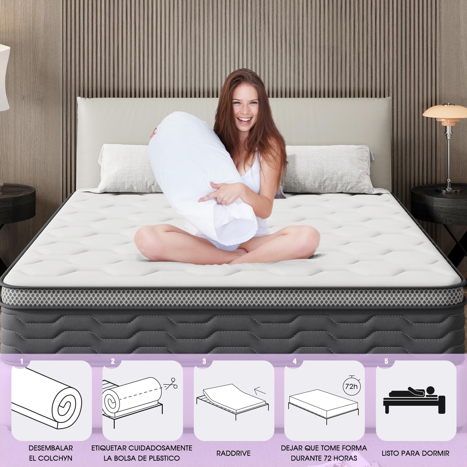 TEENO Colchón 150x190 | Altura 27 cm | Colchón Viscoelástico | Firmeza Media-Alta | Núcleo de Muelle Ensacado | Cama Doble | Transpirable | Antibacterias | Hipoalergénico