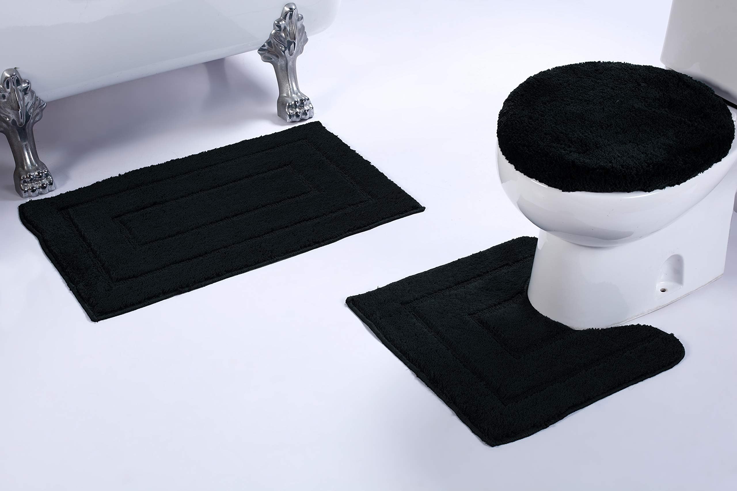 Luxury Home Collection 3 Piece Microfiber Bathroom Rug Set Non-Slip Bathroom Rug Contour, Mat and Toilet Lid #673 (Black, 3 Pce Set)