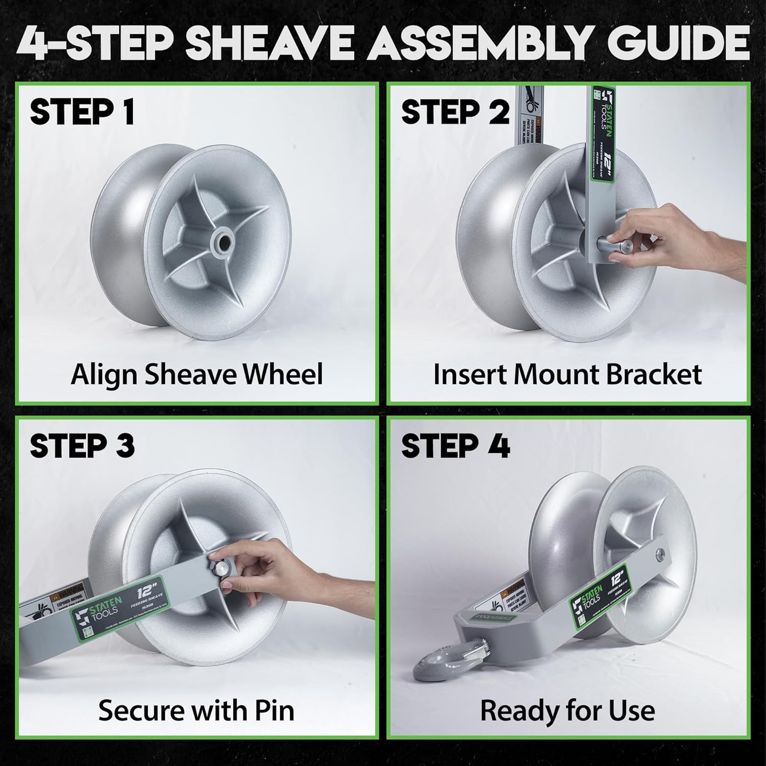 12" Diameter, Cable Puller Sheave, Hook, Wire, Rope | Capacity 6500lb for Greenlee Pullers 640,6801,6001 | Staten Tools