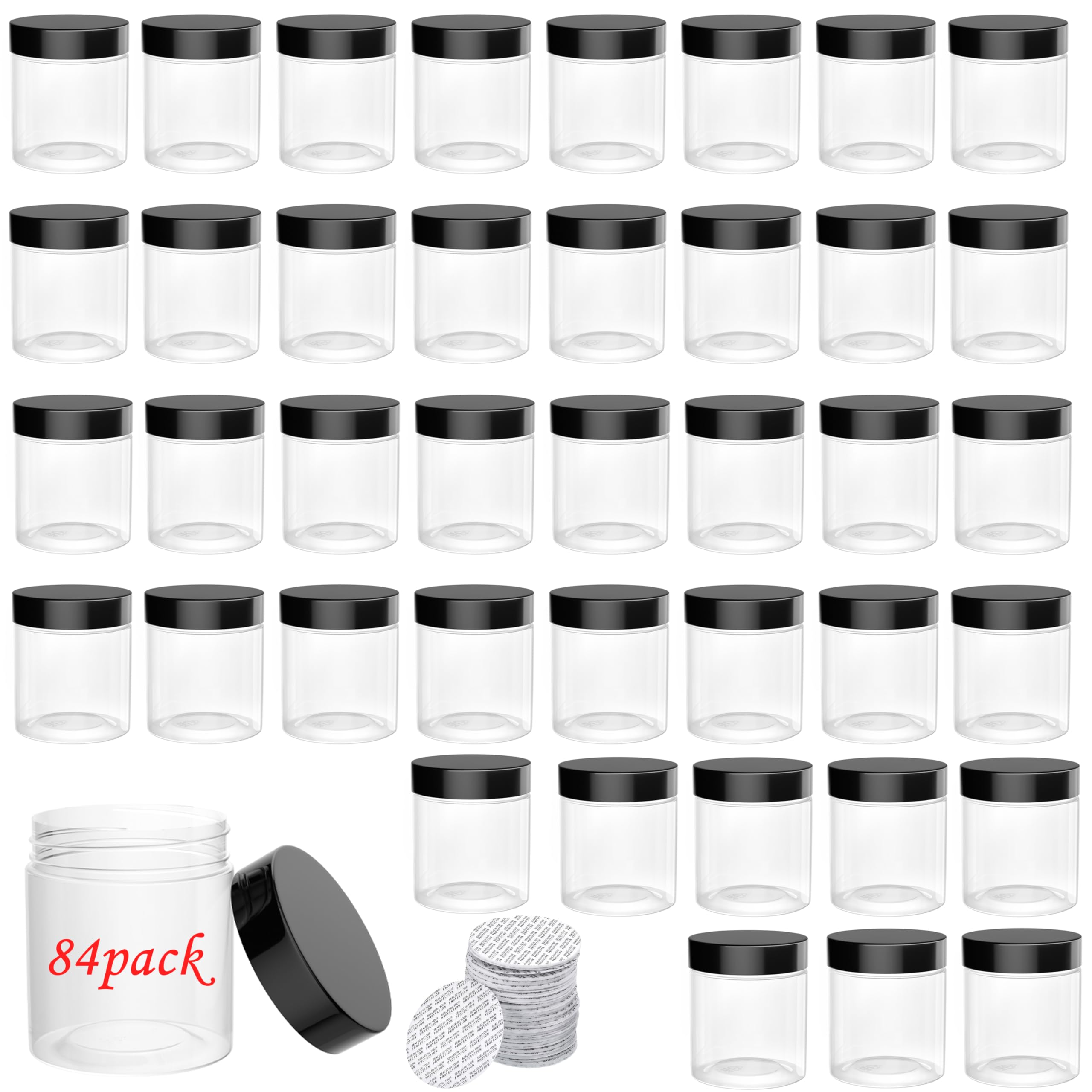 84 tarros de plástico de 4 onzas con tapas de rosca, calcomanías de sellado, tapa de botella, recipiente transparente para almacenar alimentos secos, lociones, maquillaje, limo, mermelada de miel,