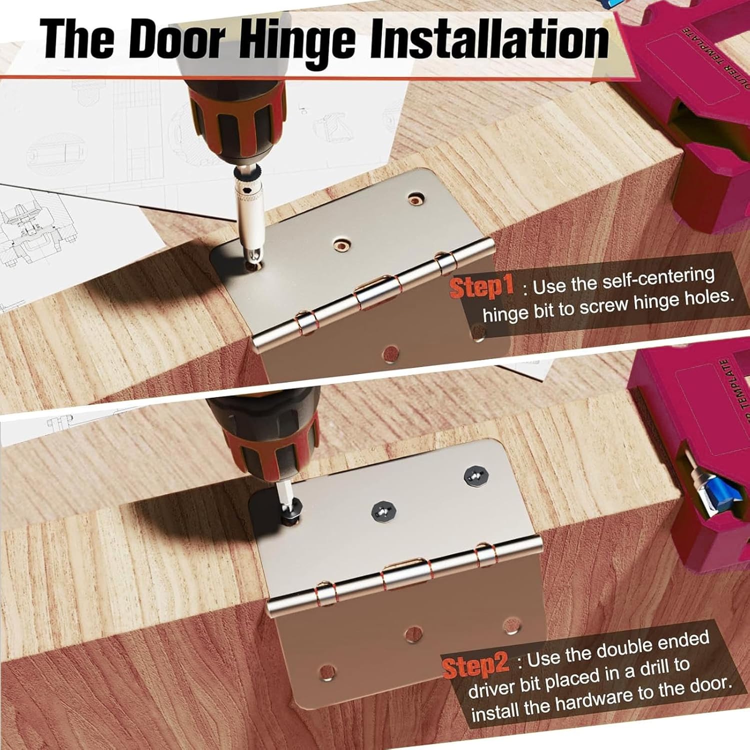 FTVOGUE Door Hinge Jig Template Door Hinge Mortiser Kit Adjustable with Drill Bits Fits 1 3/8in or 1 3/4in Doors for Accurate Hinge and Installation