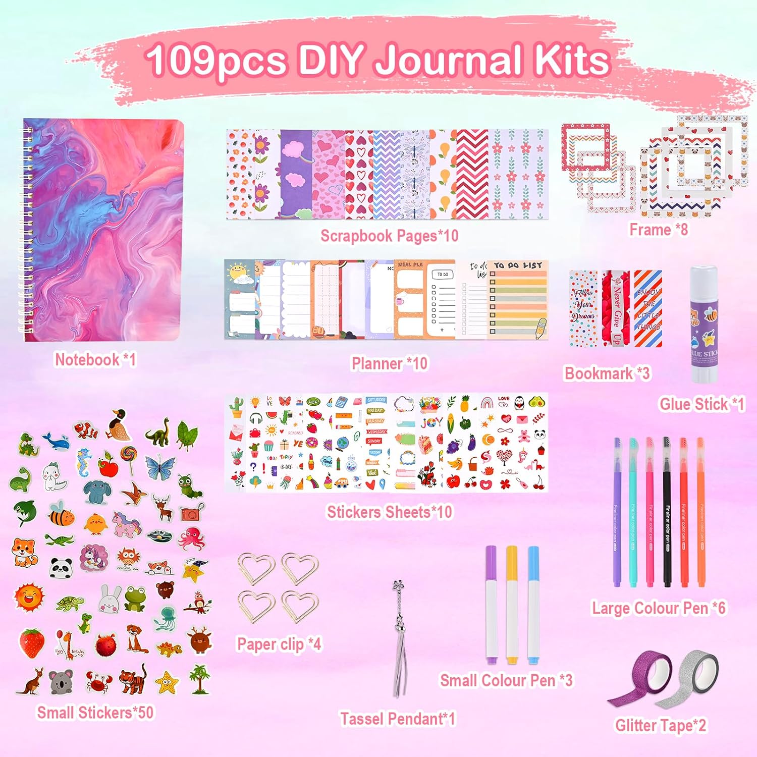 109pcs DIY Journal Kit - Gifts for Girls Ages 8 9 10 11 12+ Year Old, Scrapbook Kit for Tweens Teens Decorate Personalized Planner/Organizer, Easter Gifts for Girls, Arts and Crafts for Kids Ages 8-12