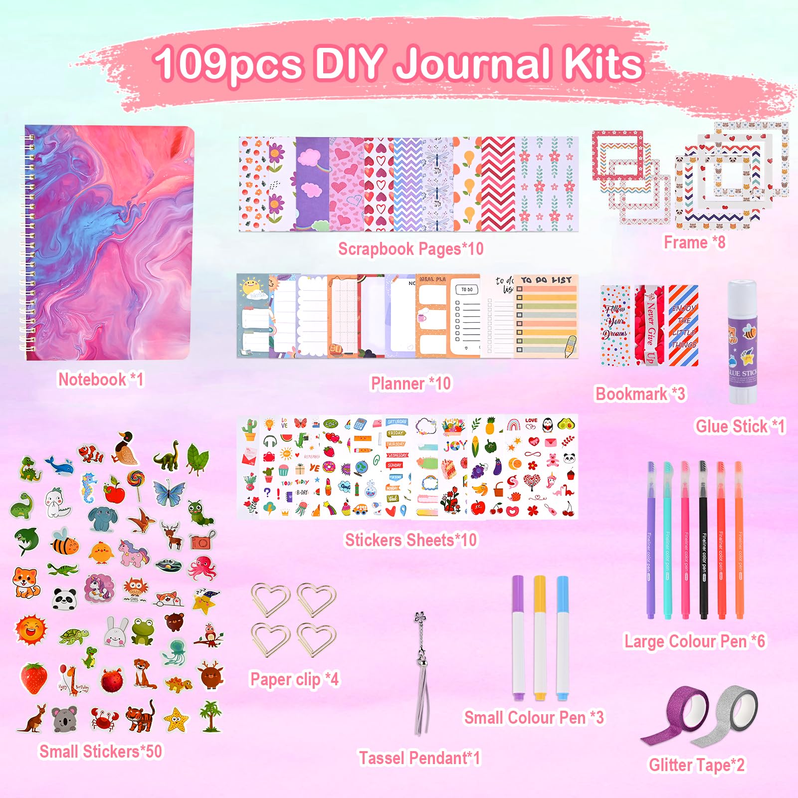 Kit Goldge de 109 pièces pour journal à faire soi-même – Cadeaux pour filles âgées de 8 à 12 ans et plus, scrapbooking pour adolescents