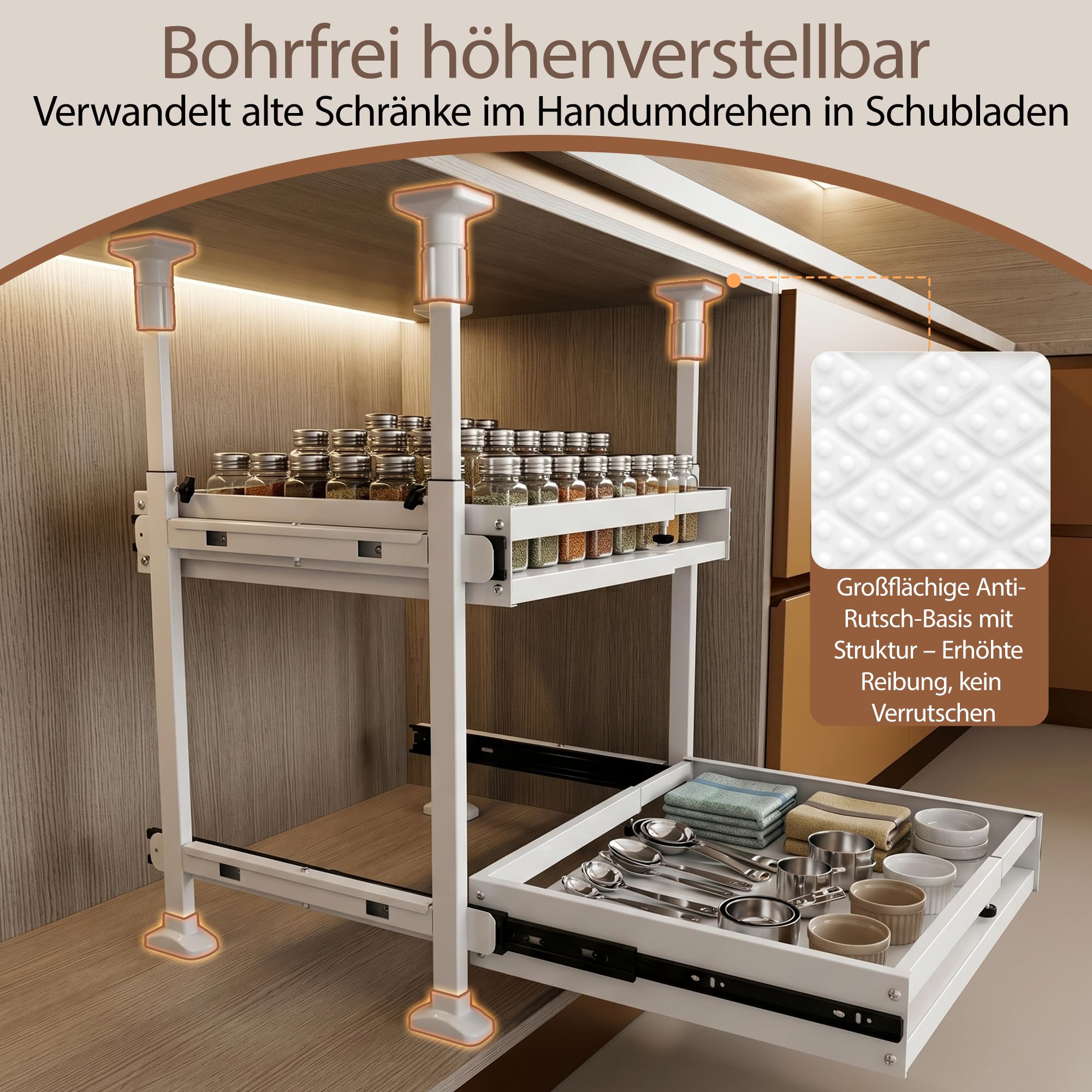 AQRA 2 Stück Teleskopschublade Küche ohne Bohren und Kleben, Auszug Küchenschrank, Höhenverstellbar 52.5–93 cm und Breitenverstellbar 33–52 cm, Metall Ausziehbare Schrankkorb für Küche, Bad, Weiß