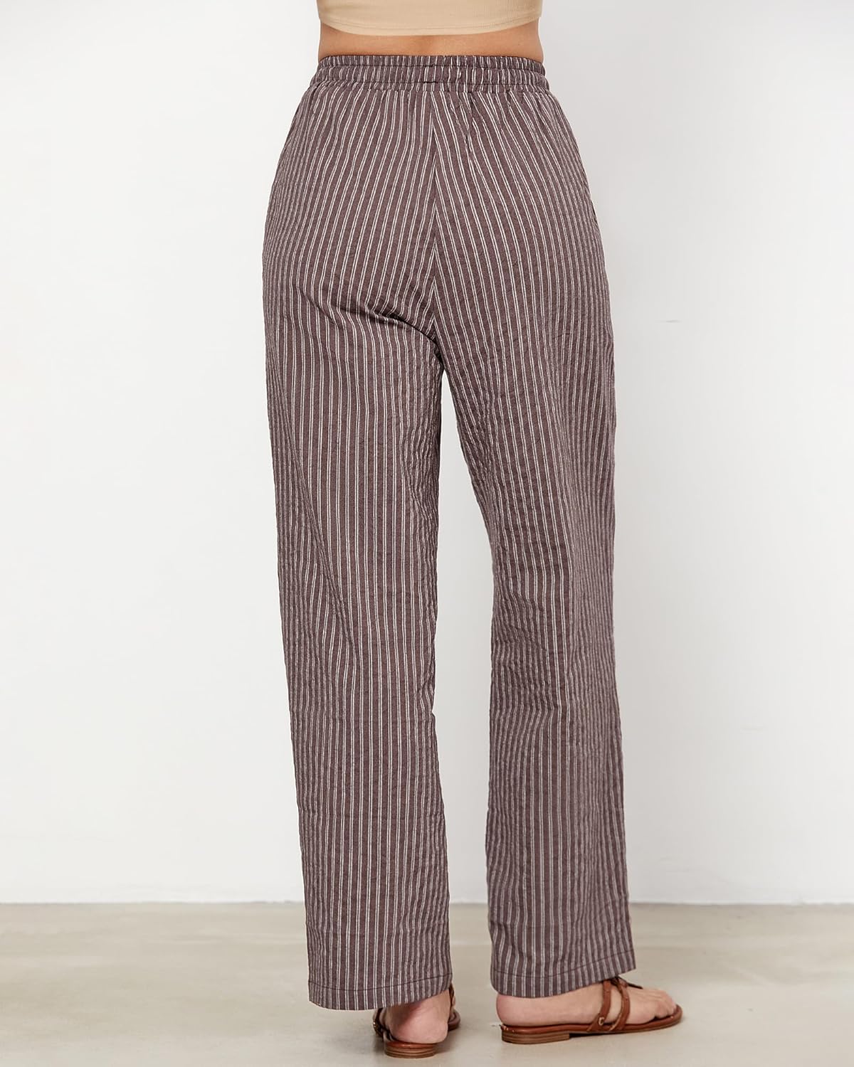 GRAPENT Striped Pants for Women High Waisted Wide Leg Cotton Linen Trendy Beach Pull on Elastic Waist Casual Flowy Pants