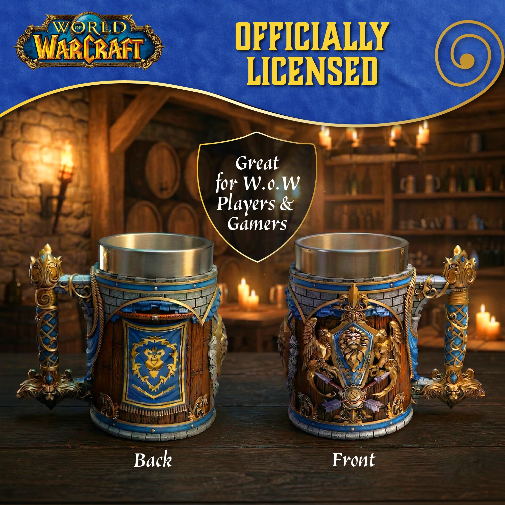 Nemesis Now World of Warcraft Alliance Tankard 15,5 cm – Offiziell lizenziertes Alliance-Getränkeartikel mit Wappen, Flaggendesign und Edelstahl-Einsatz