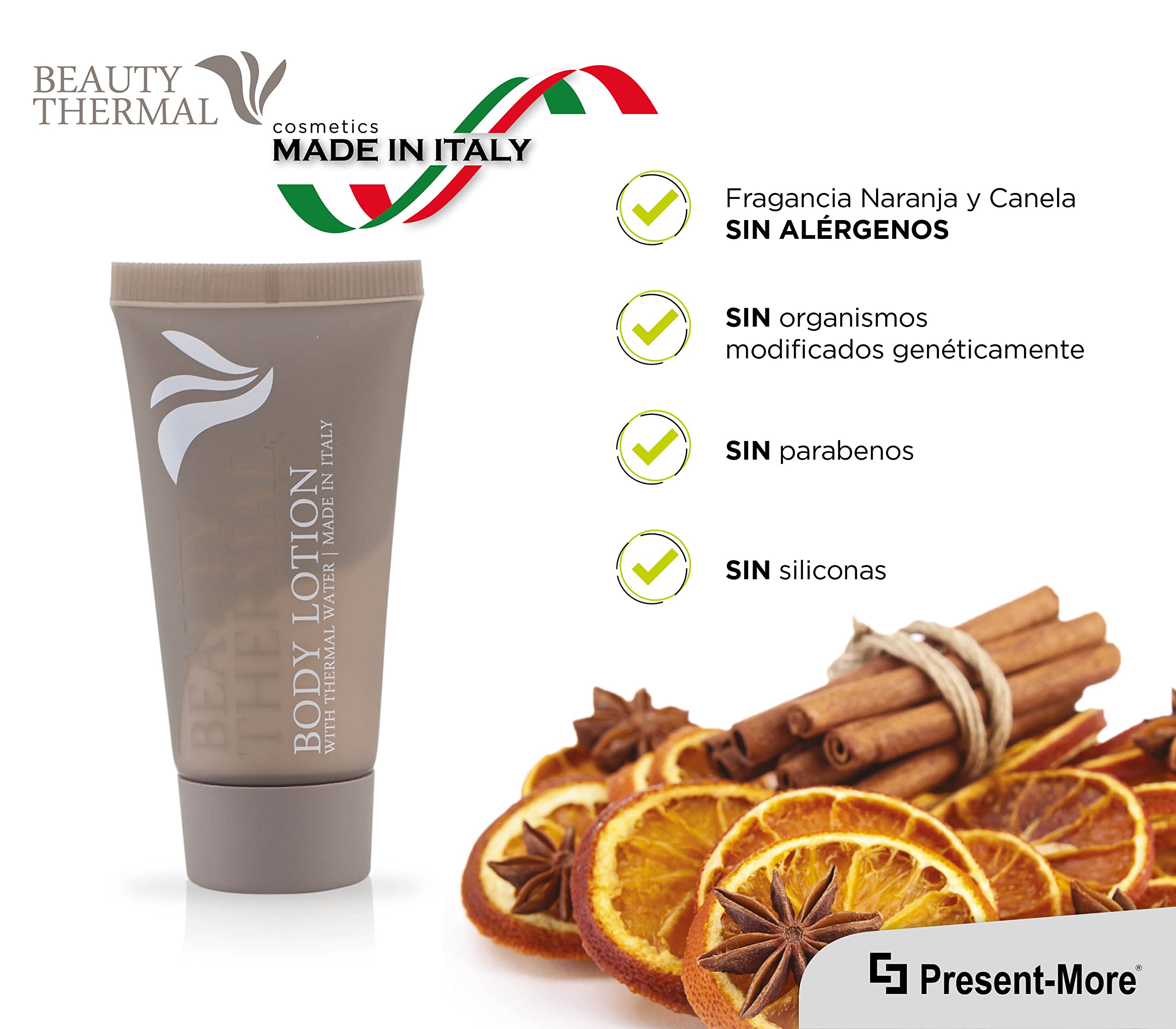 Present-More Crema corporal 30ml Beauty Thermal - Crema cuerpo 250 unidades para Hoteles y B&B | Crema cuerpo sin alérgenos con fragancia Arancia y Canela