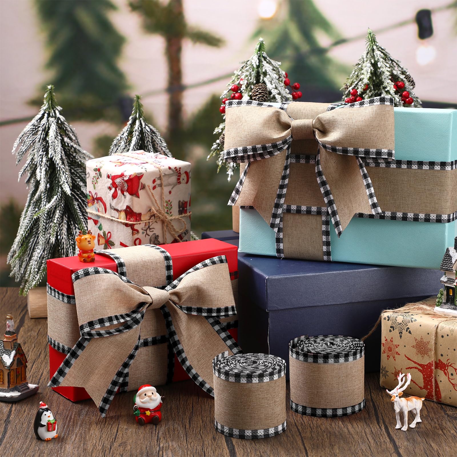 Ruban à Carreaux De Noël à Bords Filaires | 9,1 M De Longueur | Pour Décoration D’arbre Et Emballage Cadeaux