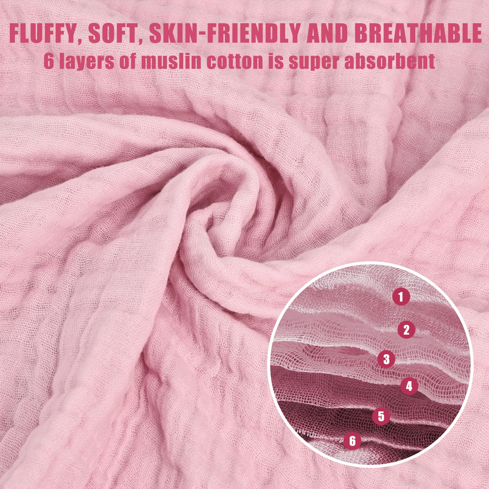 Asciugamani da bagno in mussola per bambini, ultra morbidi e assorbenti, asciugamano in mussola per bambini, 6 strati in cotone naturale, adatto per ragazze 101,6 x 101,6 cm (bianco, rosa e grigio)