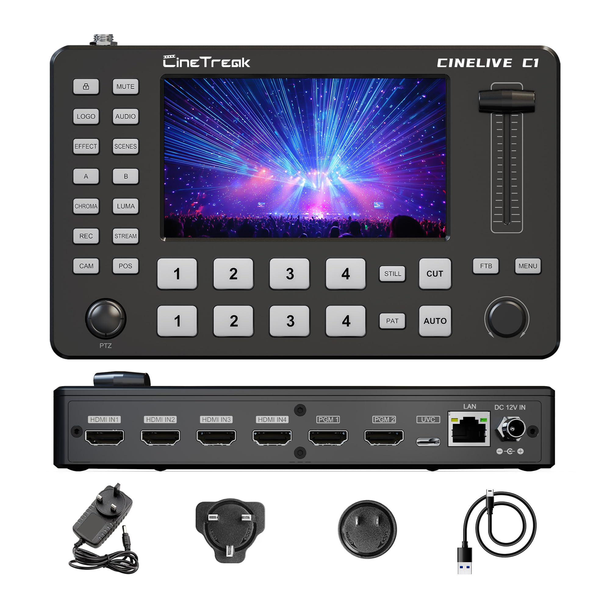C1 4*HDMI Mikser Przełącznik Wideo z Ekranem 5 cali, Mikser Wideo na Żywo, Rejestrator H.264 z Kontrolą Kamery PTZ, Przełącznik nadawczy, Mikser Produkcji na Żywo dla OBS, Vmix, YouTube, Instagram