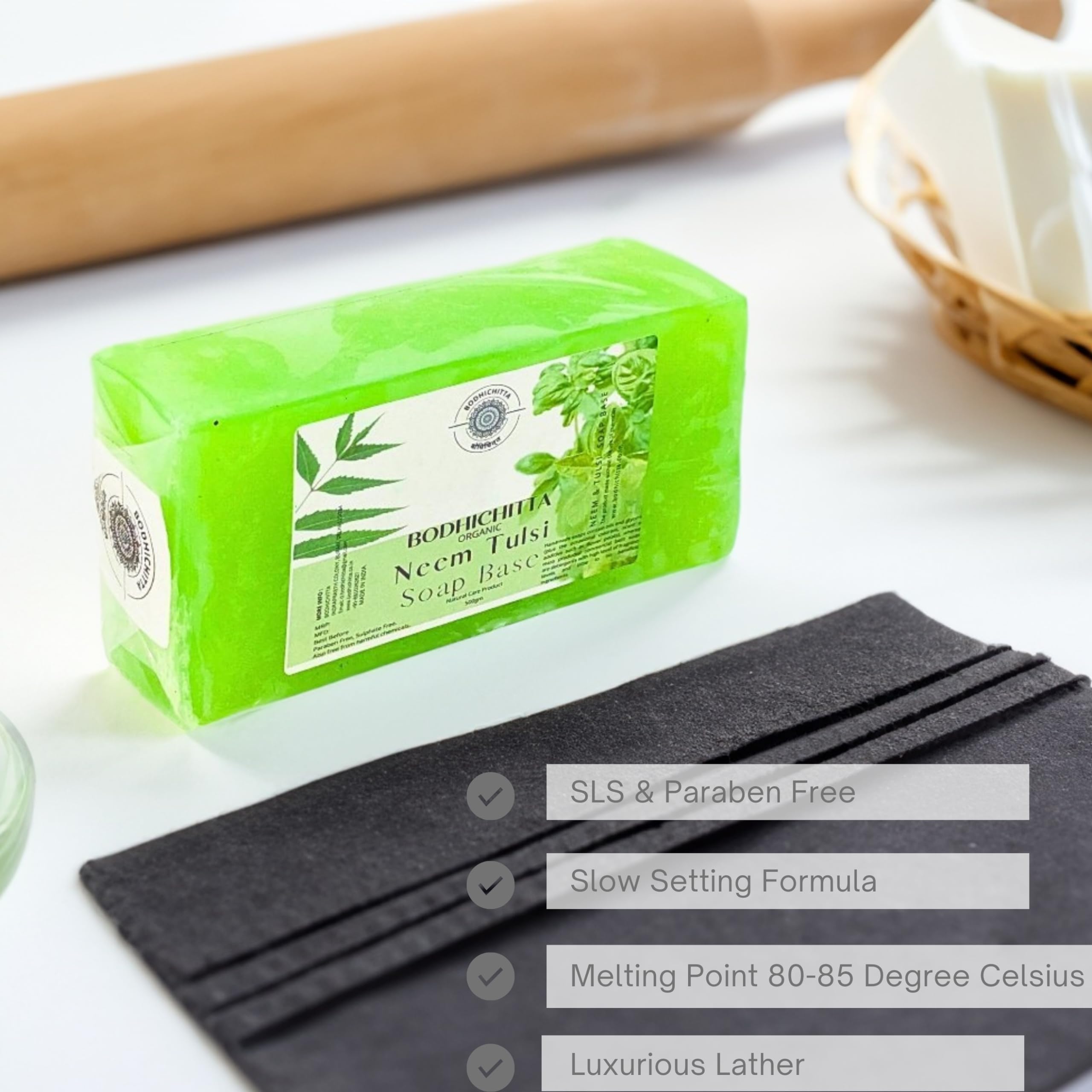 Bodhichitta Neem & Tulsi Glycerin Soap Base |100% Pure Organic & Natural | Paraben, SLS, Chemical Free | Melt & Pour Soap Base Bar For Soap Making 500g 1