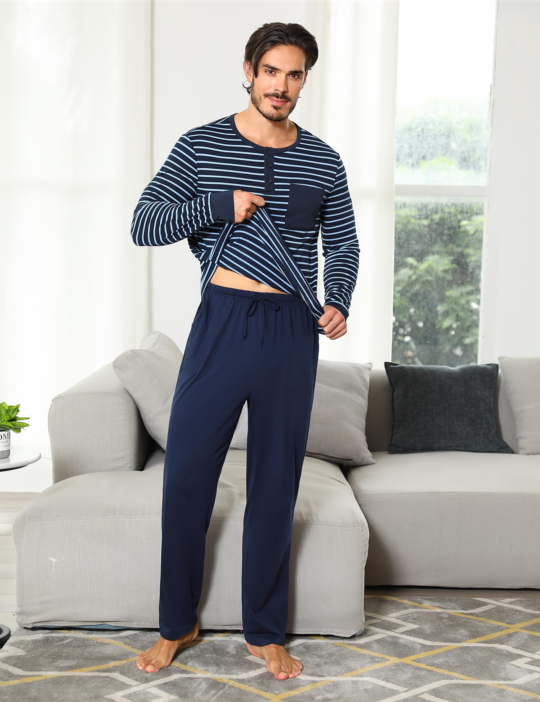 Leversic Pigiama Uomo Invernale Pigiama Uomo Cotone Pigiami da Uomo Lungo Pigiama Uomo Lungo Leggero Set Pigiama da Uomo S-3XL