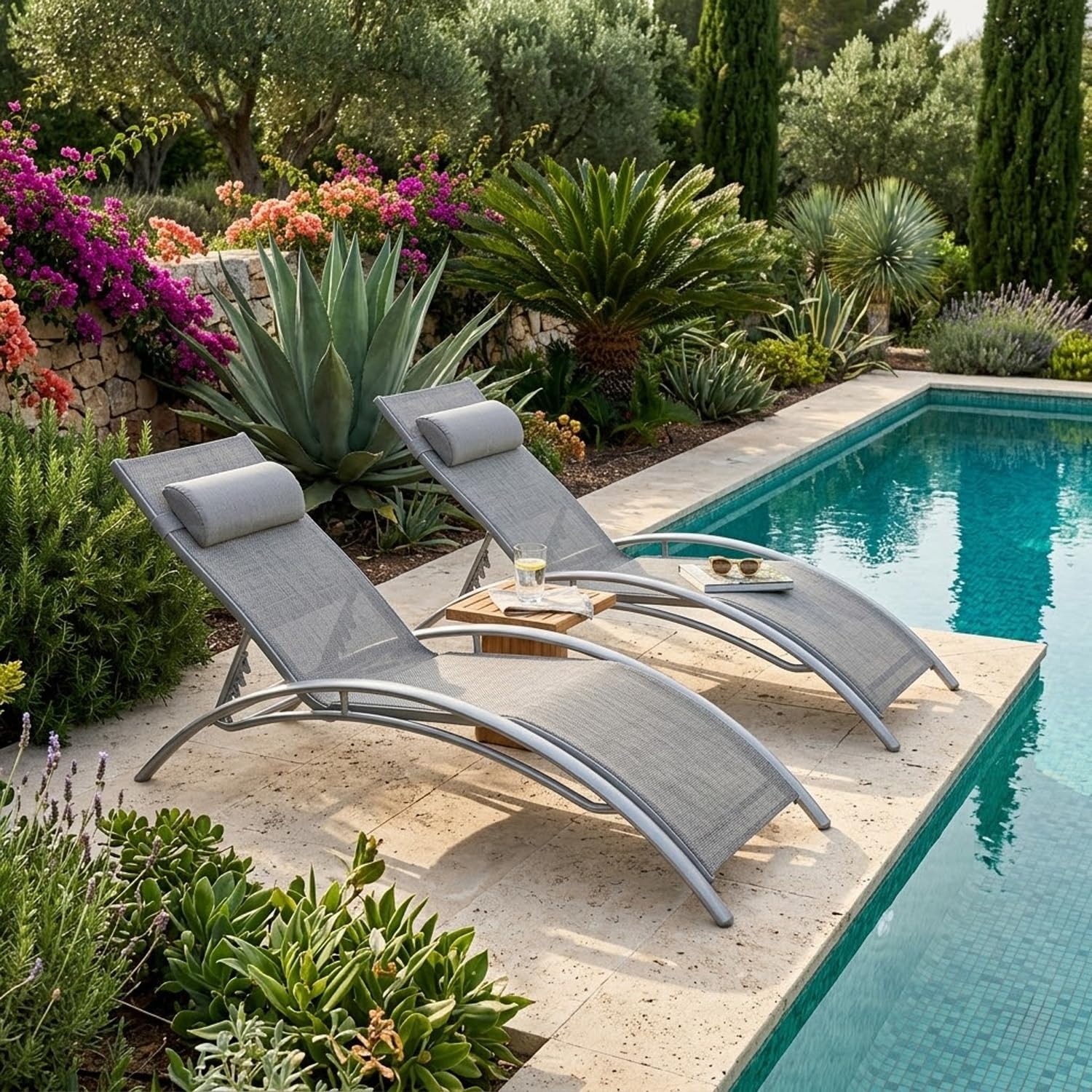 Set 2 Lettini Prendisole Reclinabili Da Giardino Con Schienale Regolabile 5 Posizioni In Textilene Traspirante Per Piscina Terrazza Relax Outdoor 59 x 158 x 81.5 Cm Grigio