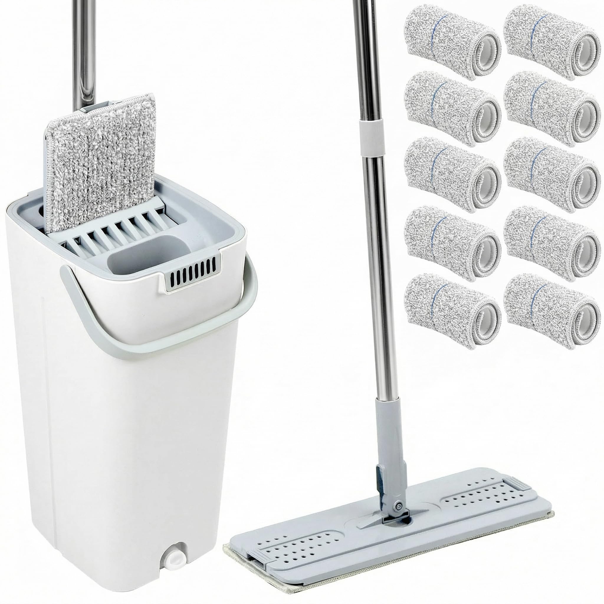 QWORK® Mop and Bucket Set, Multi-Functional Two-Chamber Cleaning System, with 10 Microfibre Pads and 120cm Handle