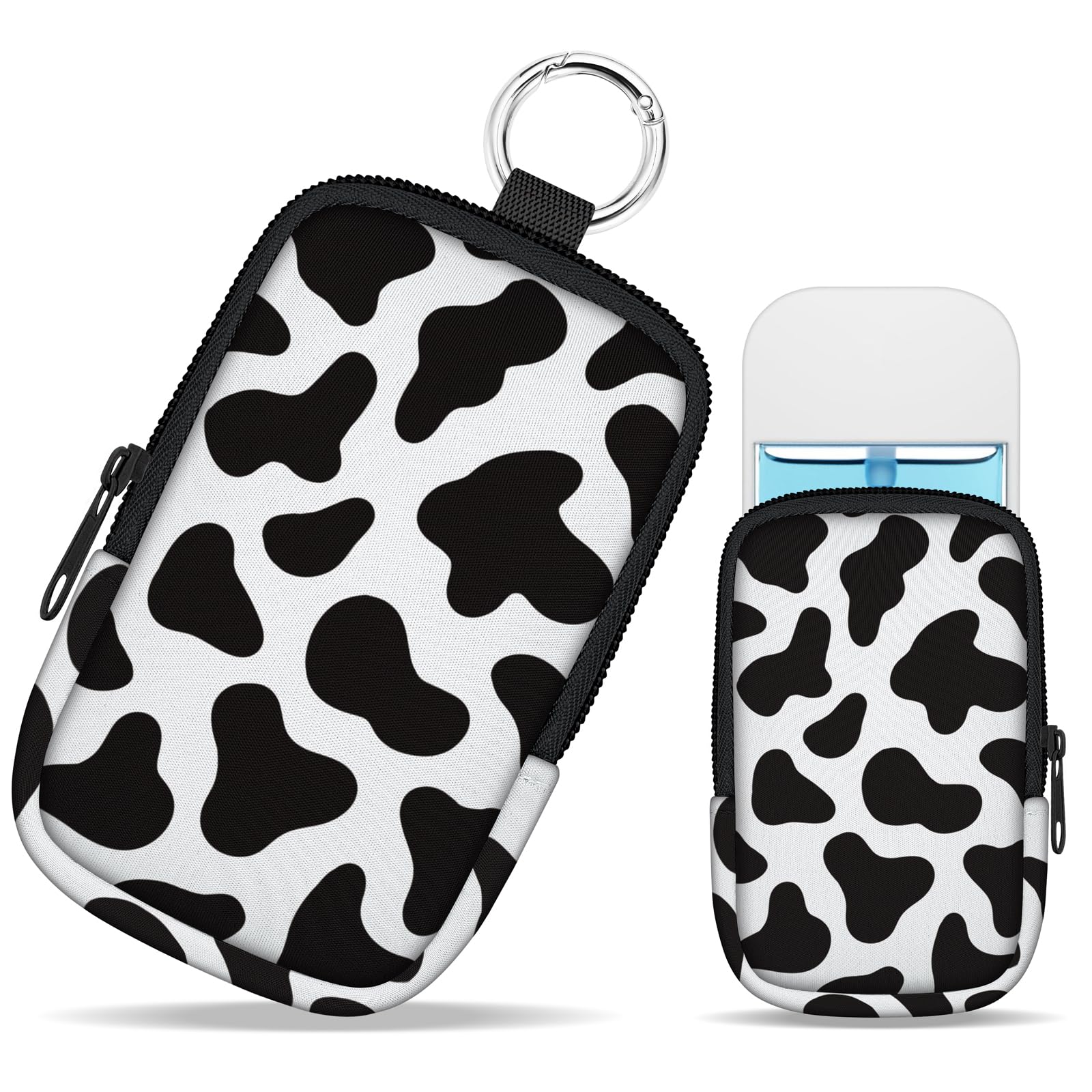 Mcapirivo Cow Print Hand Sanitizer Spray Case, Hand Sanitizer Holder Zippered Pouch, Cute Fashion Accessory with Snap Hook for Glow Mist and Power