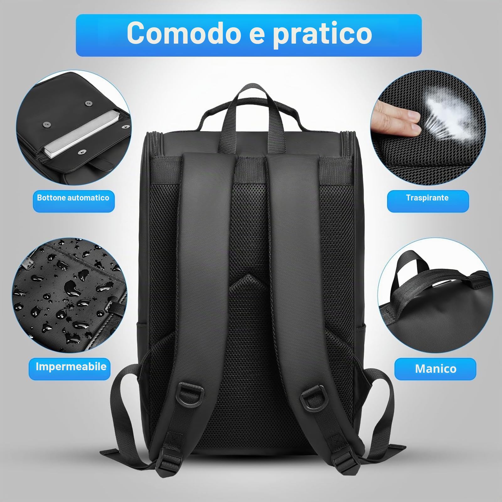 Zaino Uomo Lavoro 15.6 Pollici Porta PC Donna Impermeabile Elegante per Computer Università Scuola Viaggio Shopping - Nero