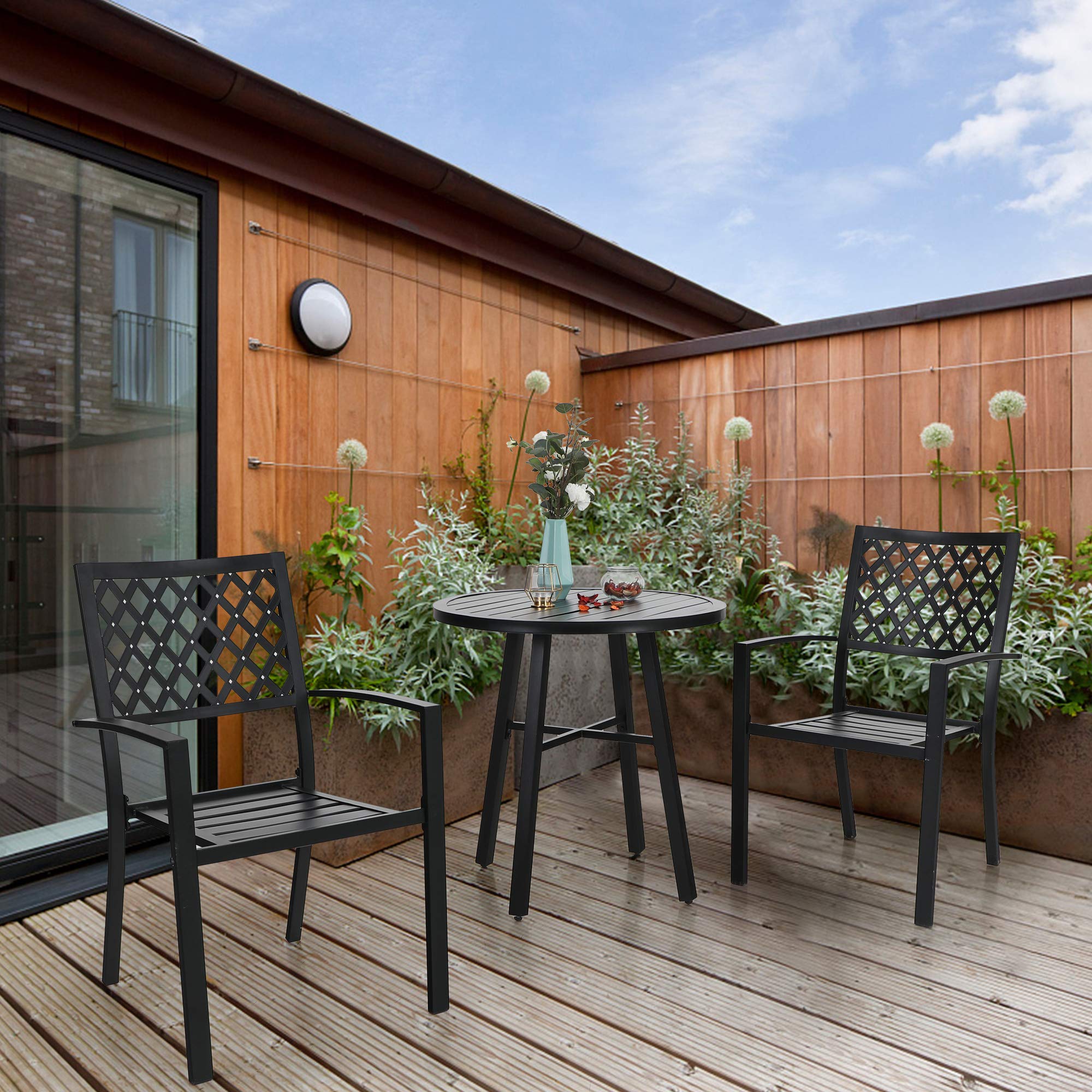 PHI VILLA Sedia da giardino in metallo, per esterni, terrazza, sedie impilabili, per sala da pranzo, set da 2 pezzi, nero