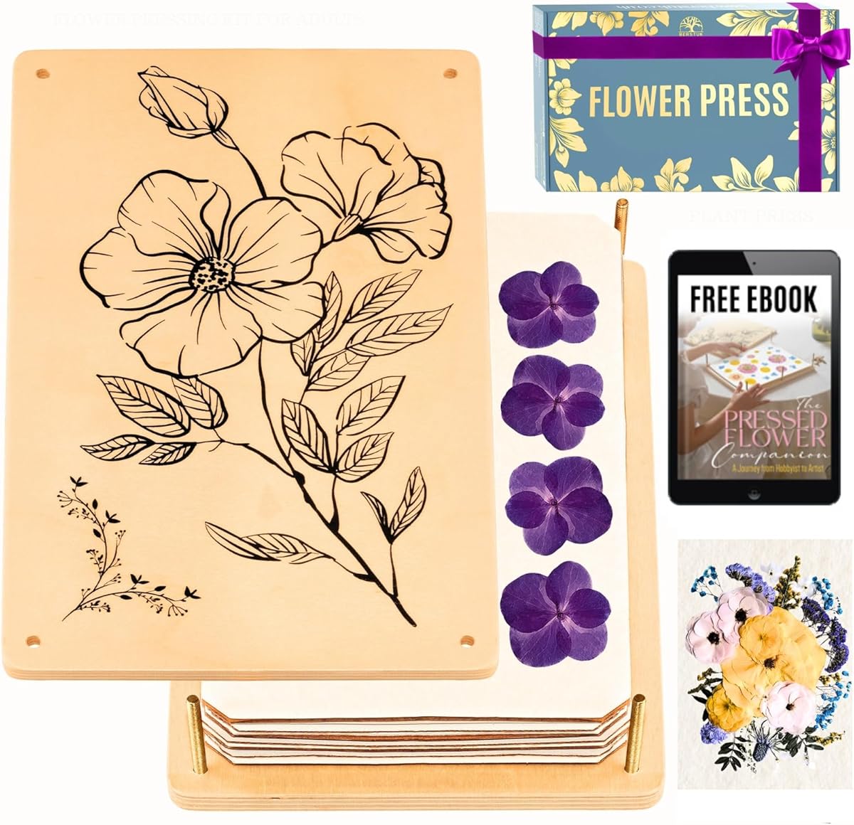 Berstuk Wooden Flower Press for Adults and Teens - Includes Expert Video Tutorials - Large Flower Press Kit 10.8" x 6.9" - Gift-Ready Packaging Ideal for Arts and Crafts Lovers