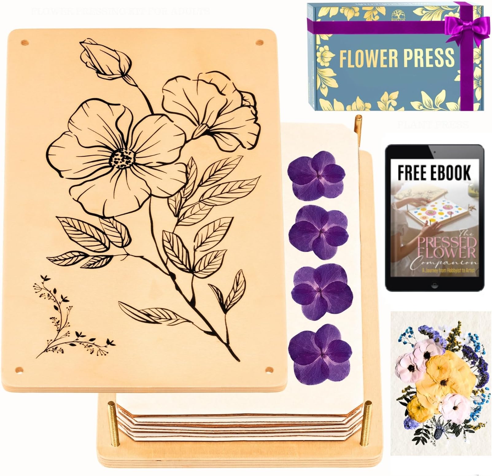 Berstuk Wooden Flower Press for Adults and Teens - Includes Expert Video Tutorials - Large Flower Press Kit 10.8" x 6.9" - Gift-Ready Packaging Ideal for Arts and Crafts Lovers