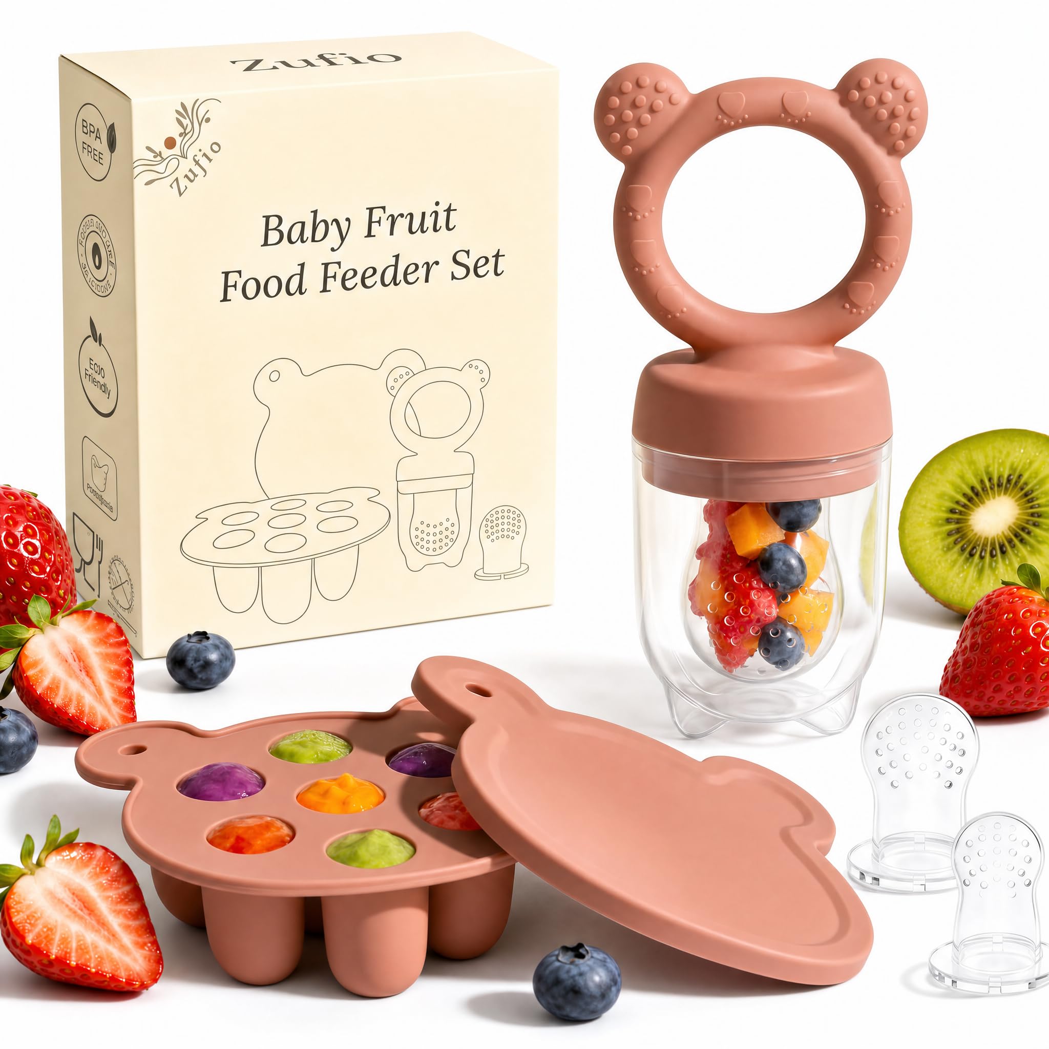 Food Feeder for Teething, Baby Fruit Feeder, 3 Silicone Teat Sizes, Muted — image 1