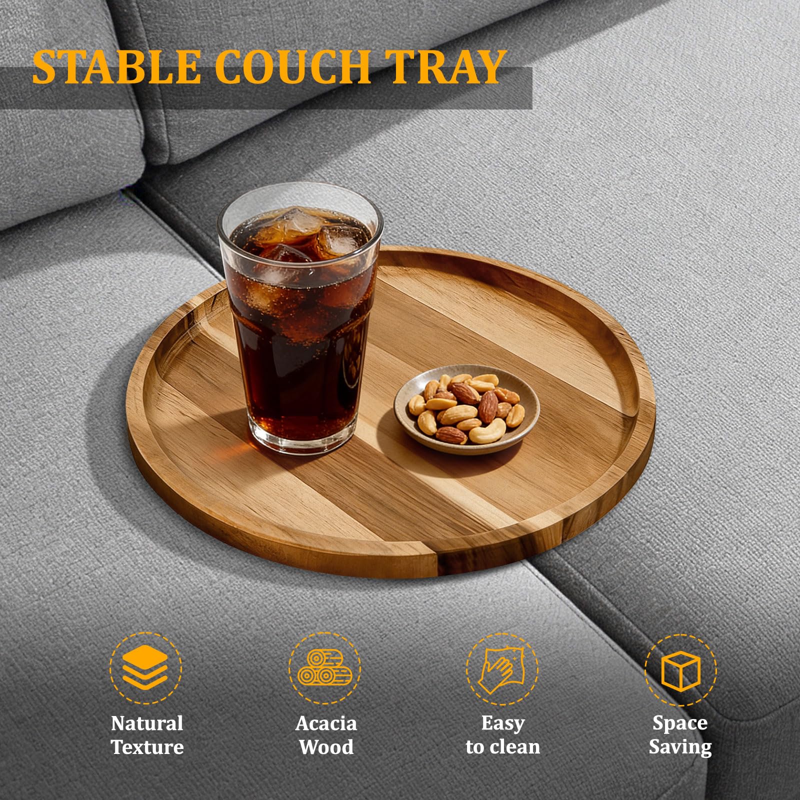 Bandeja de sofá de madera de acacia, inserto de mesa plegable para sofá central portátil, bandejas de reposabrazos perfectas para bebidas, aperitivos, teléfono, control remoto (círculo)