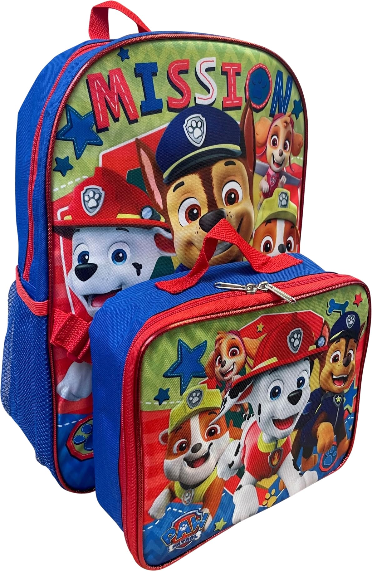 Ruz Paw Patrol Boy's 16 Inch Backpack With Removable Matching Lunch Box Set (Blue-Red)