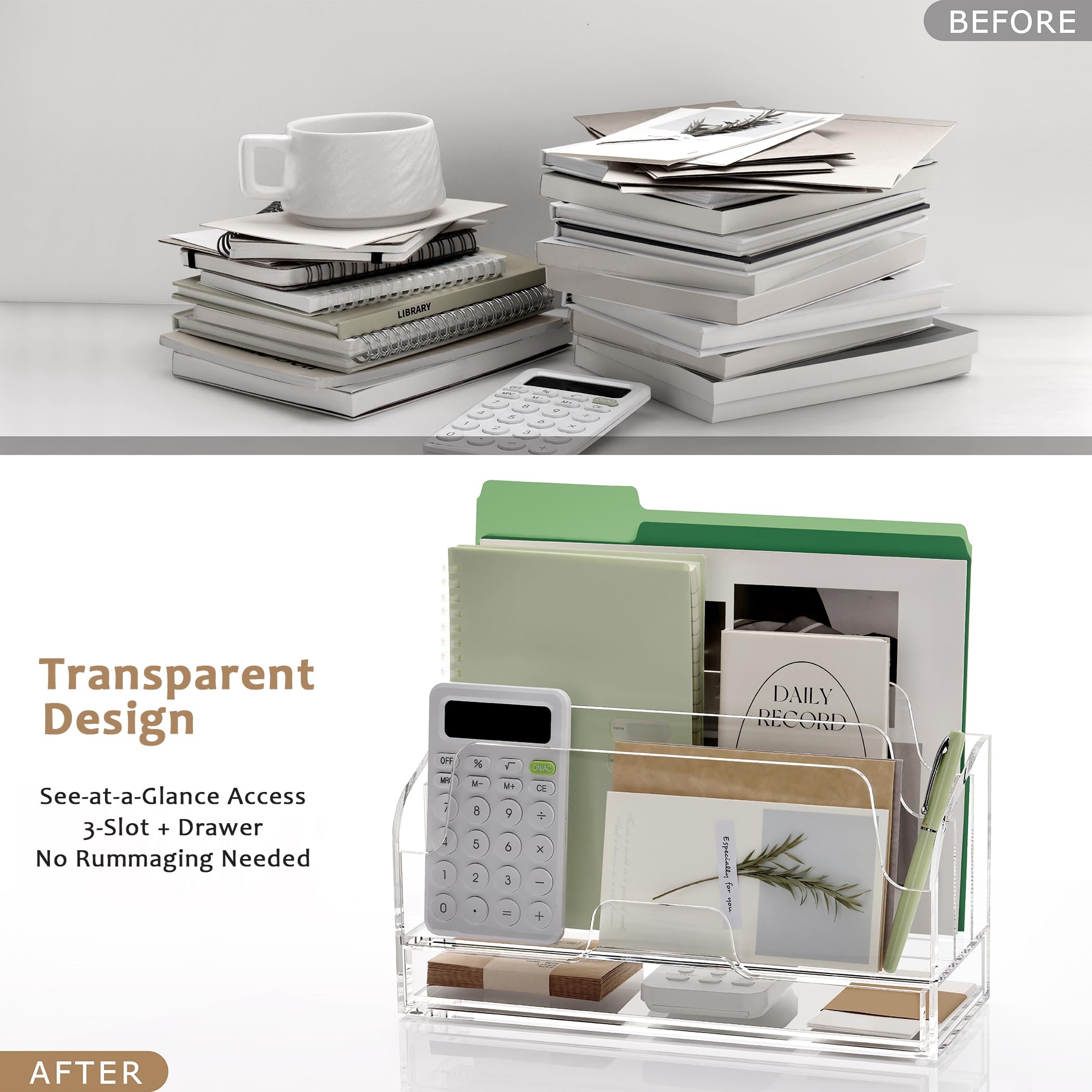 Organizer per posta in acrilico trasparente con cassetto, 4 scomparti, organizer da scrivania per cartelle Manila, forniture per ufficio, banconote e lettere, elegante portaoggetti da tavolo per casa