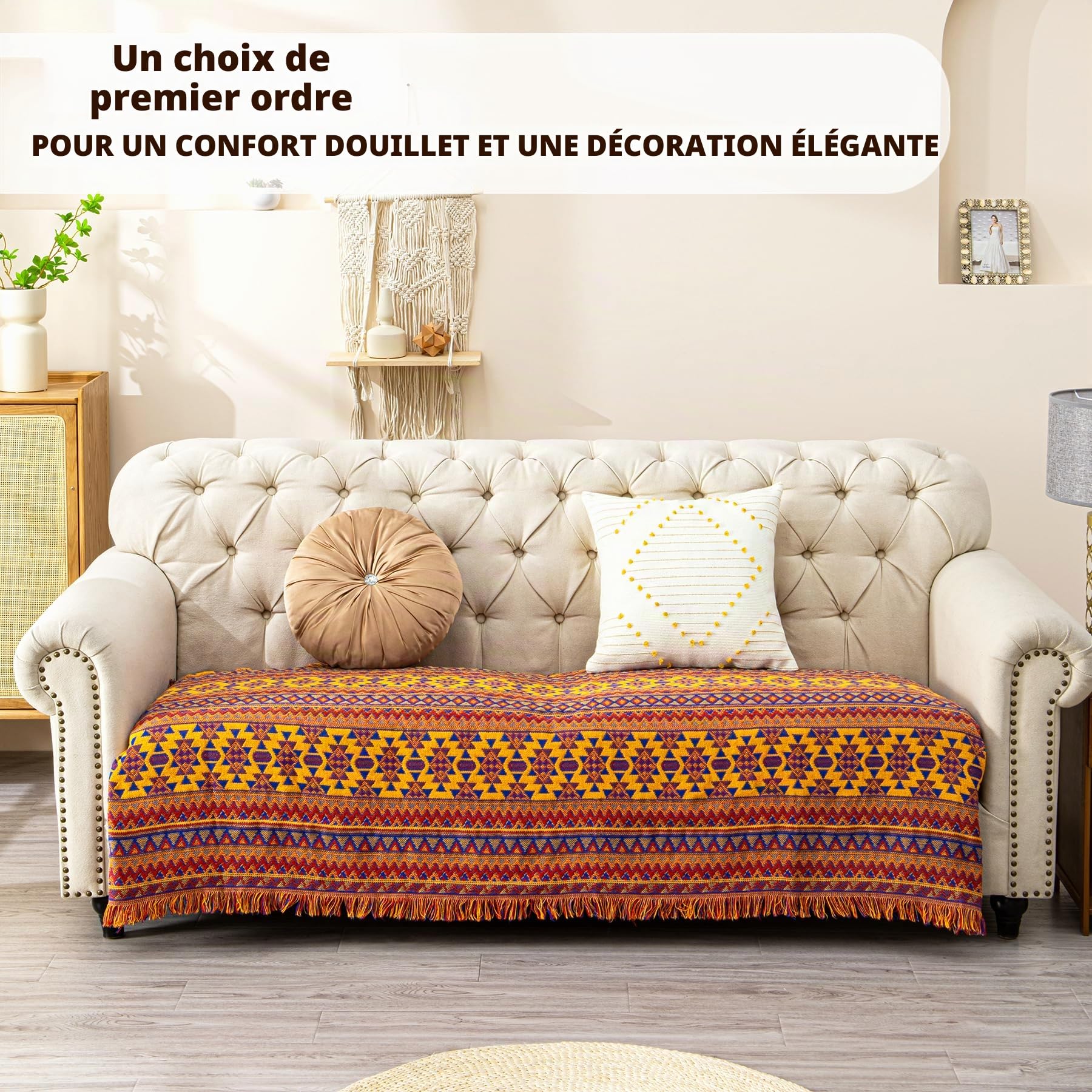 VANJOROY Grande Couverture Bohème Avec Pompons - 100% Coton Tissé à la Main pour Fauteuil, Canapé et Lit (230 x 250 cm)