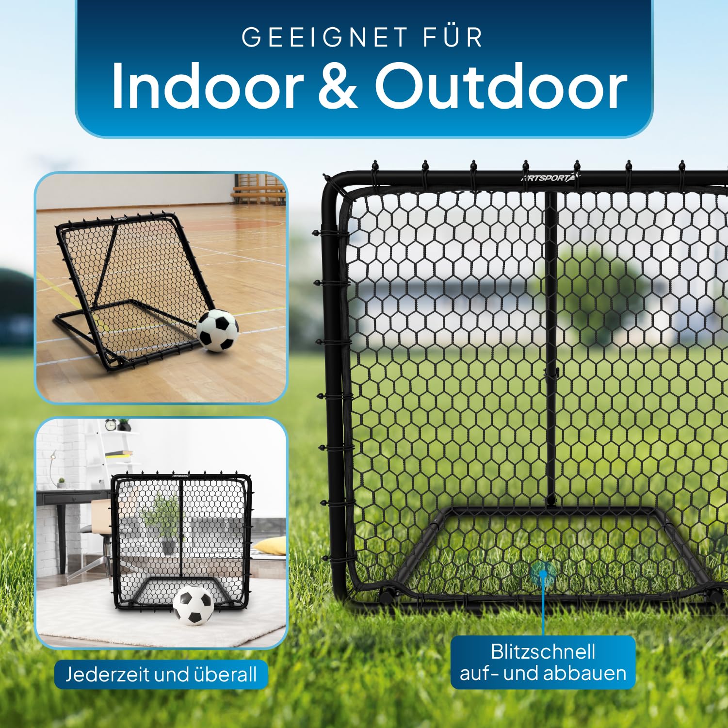 ArtSport Fußball Rebounder Power Pass - Verstellbar & stabil - Perfekt für Training - Indoor Outdoor Trainingszubehör - Netz Prellwand Kinder