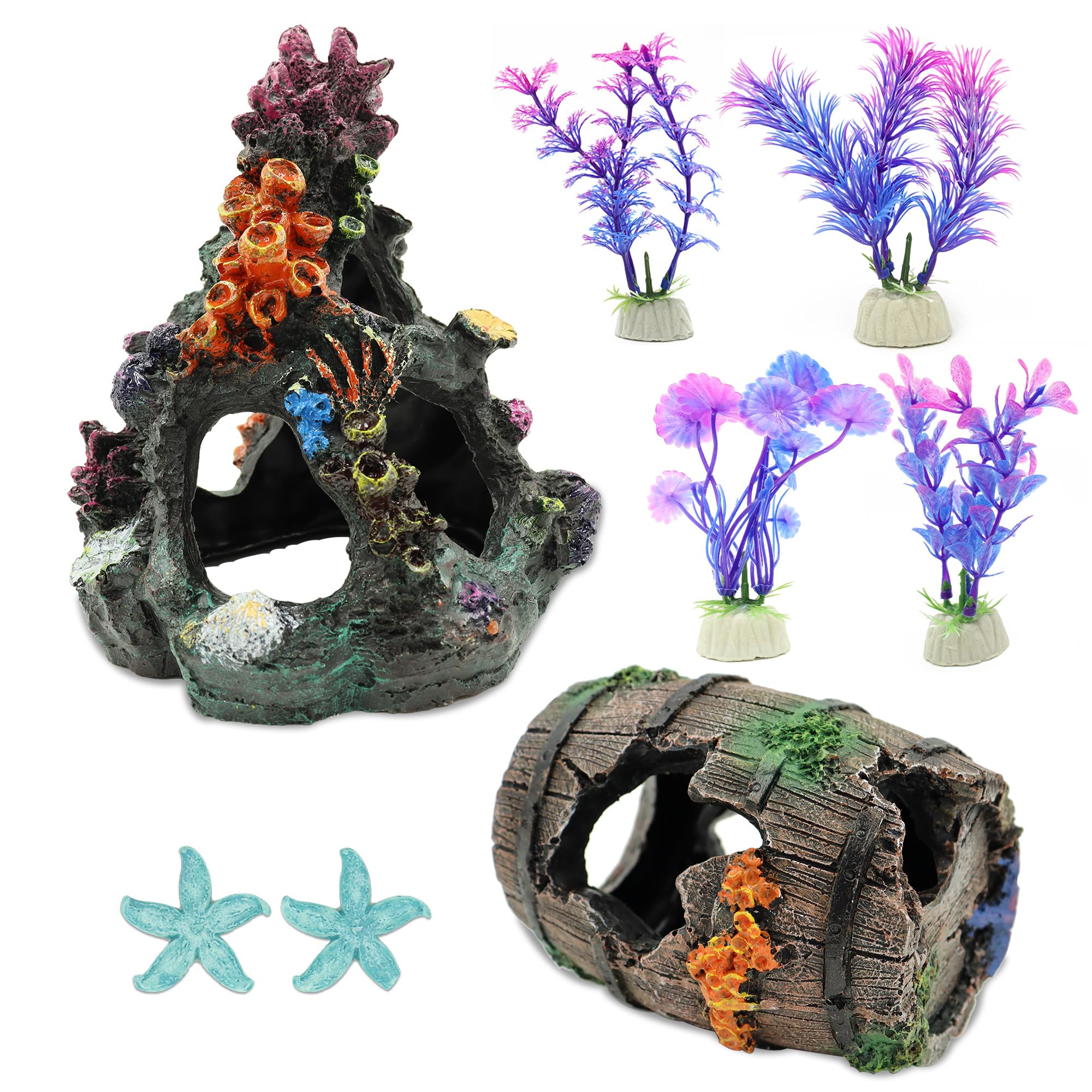 YITOBA 8 Pcs Fish Tank Decor, Small Aquarium Decorations Accessories, Fish Tank Plants Fish Cave Hideout, 2 x Aquarium Cave 4 x Aquarium Plant 2 x