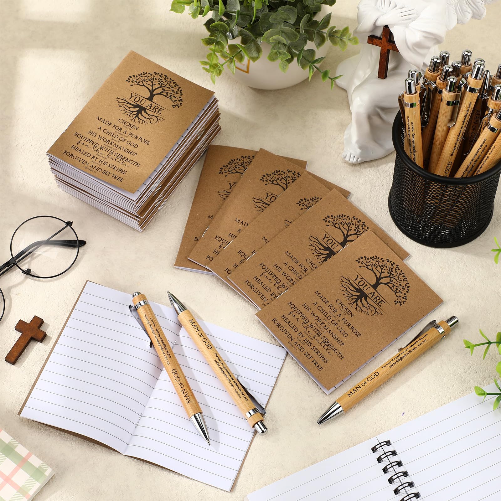 Sinload 60 Sets christliche Notizbücher, Großpackung Geschenk für Kirche, Bibelvers, Tagebuch, Mini-Notizblock, Bambusstifte, Bibelstudium, Gruppen, christliches Geschenk für Männer und Frauen