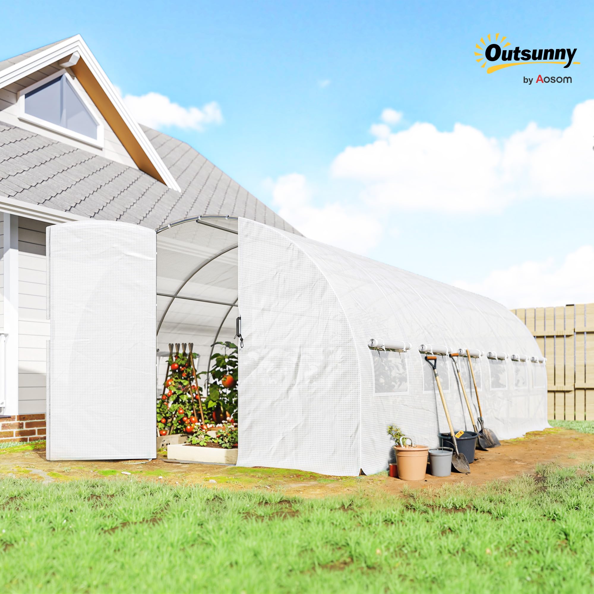 Outsunny Invernadero de Exterior 6x3x2 m, Invernadero de Túnel con Puerta con Bisagras, Ventanas de Malla, Cubierta PE 140g/m² y Marco de Acero Galvanizado, Anti-UV, Impermeable, para Cultivos, Blanco