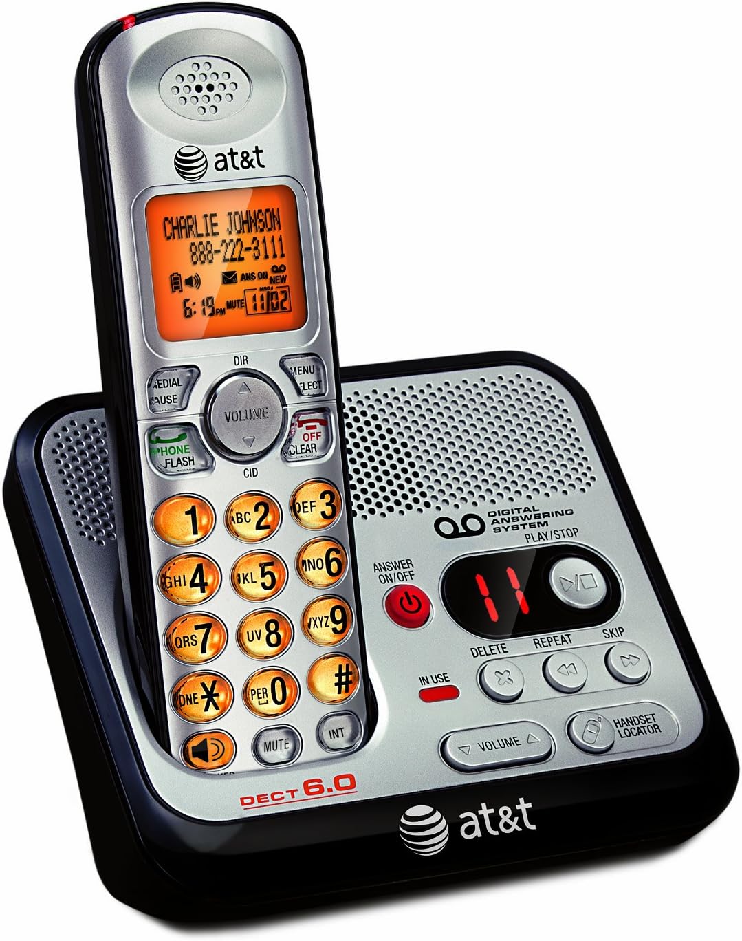 AT&T EL52100 DECT 6.0 Cordless Phone with Digital Answering System and Caller ID, Handset Speakerphone, Wall-Mountable, Silver/Black